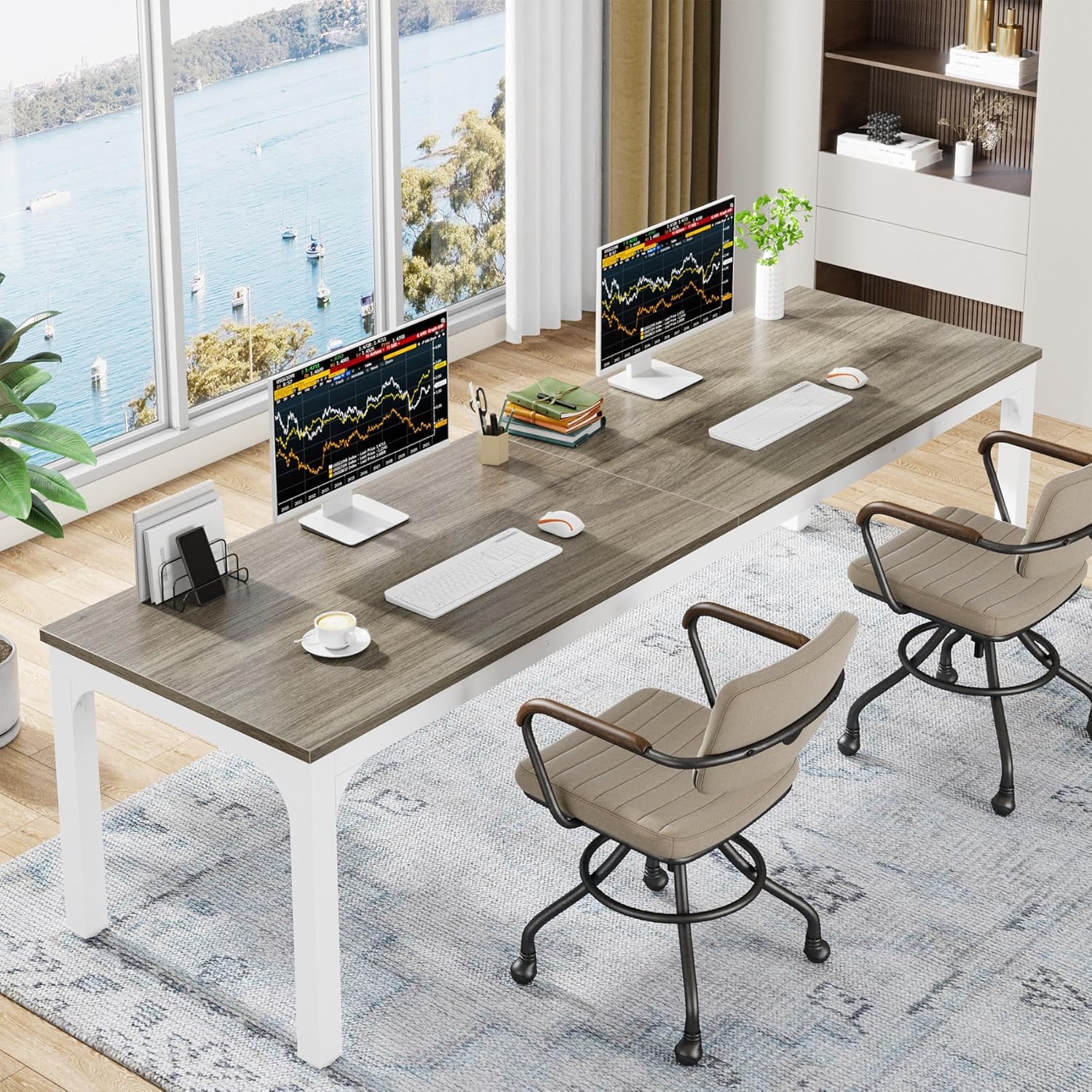 78.7" Extra Long 2-Person Computer Desk, Double Workstation for Home Office, Modern Collaborative Desk with Heavy-Duty Steel Legs, Oak & White Finish