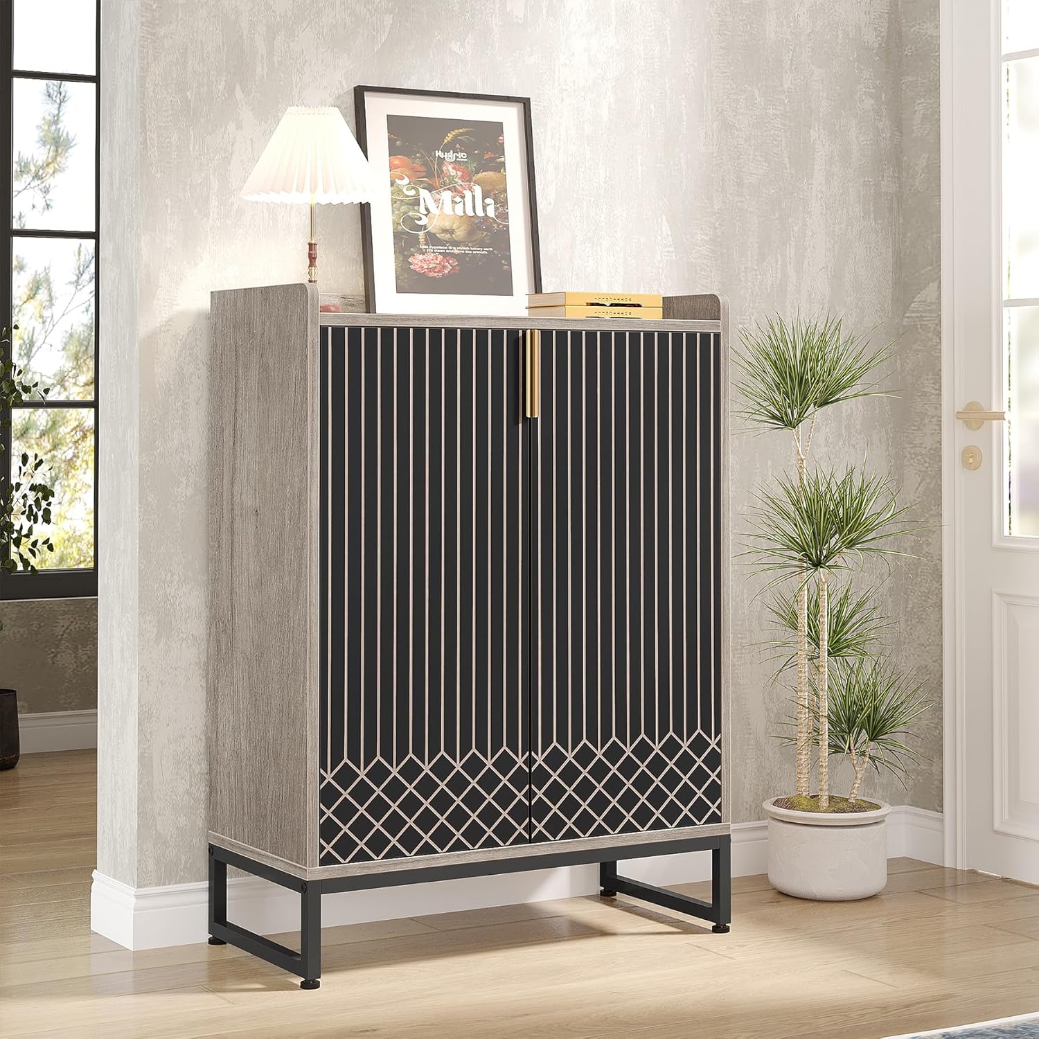 29.52'"Grey & Black Shoe Cabinet with Doors, 5 Tiers Shoe Storage Organizer