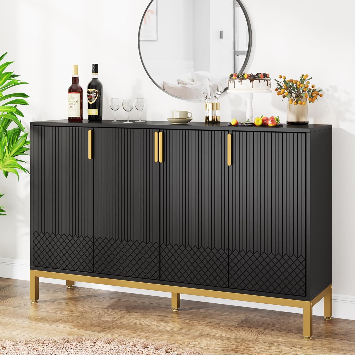 59.74" Luxury Black & Gold Buffet Sideboard Cabinet with Storage & Geometric Doors