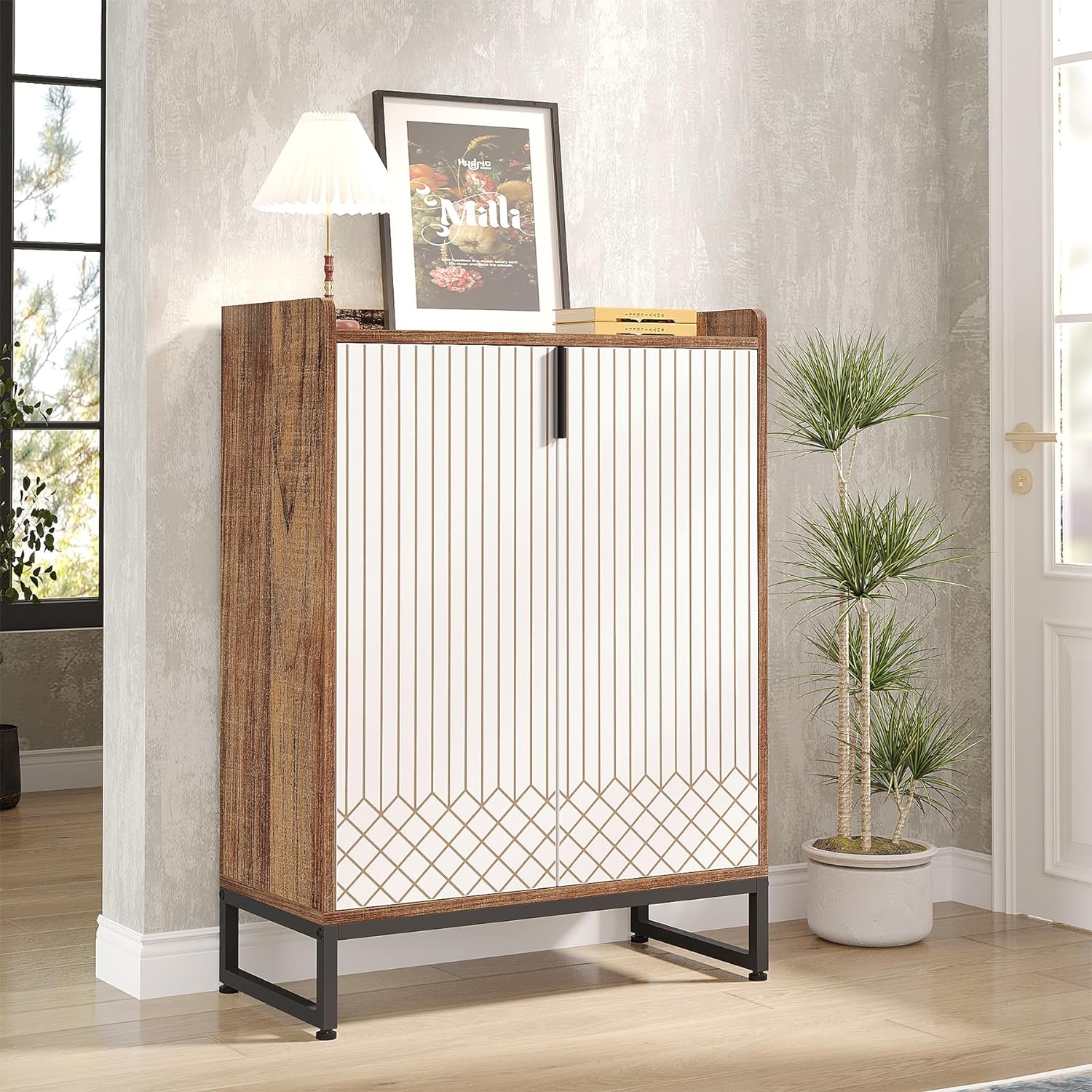 29.52'"Brown & White Shoe Cabinet with Doors, 5 Tiers Shoe Storage Organizer