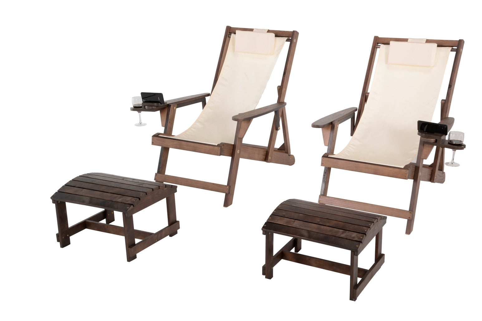 Canvas Sling Chair with Cup and Wine Holder and Ottoman (Set of 4) - Dark Brown