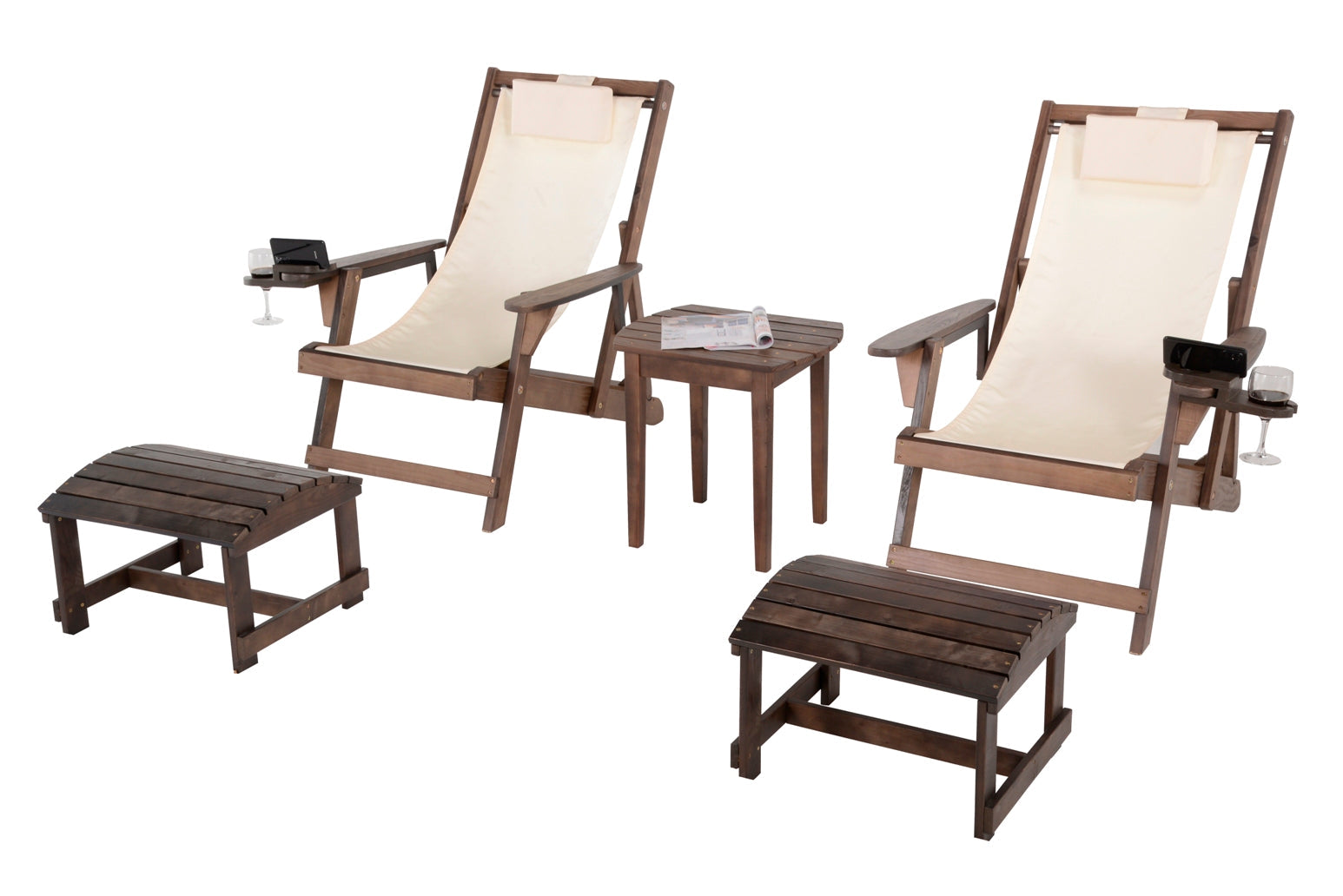 Canvas Sling Chair with Cup and Wine Holder and Ottoman (Set of 5) - Dark Brown