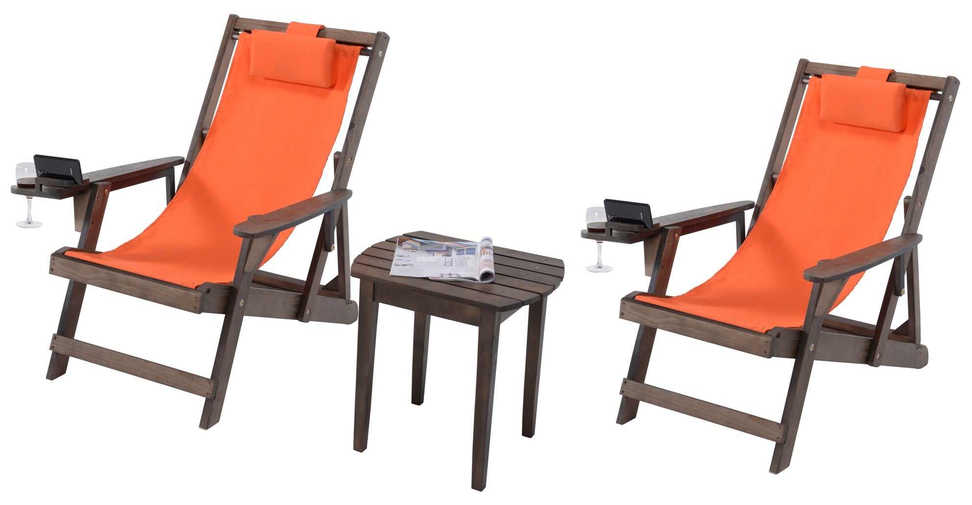 Canvas Sling Chairs with Cup and Wine Holder and end table- Dark Brown and Orange