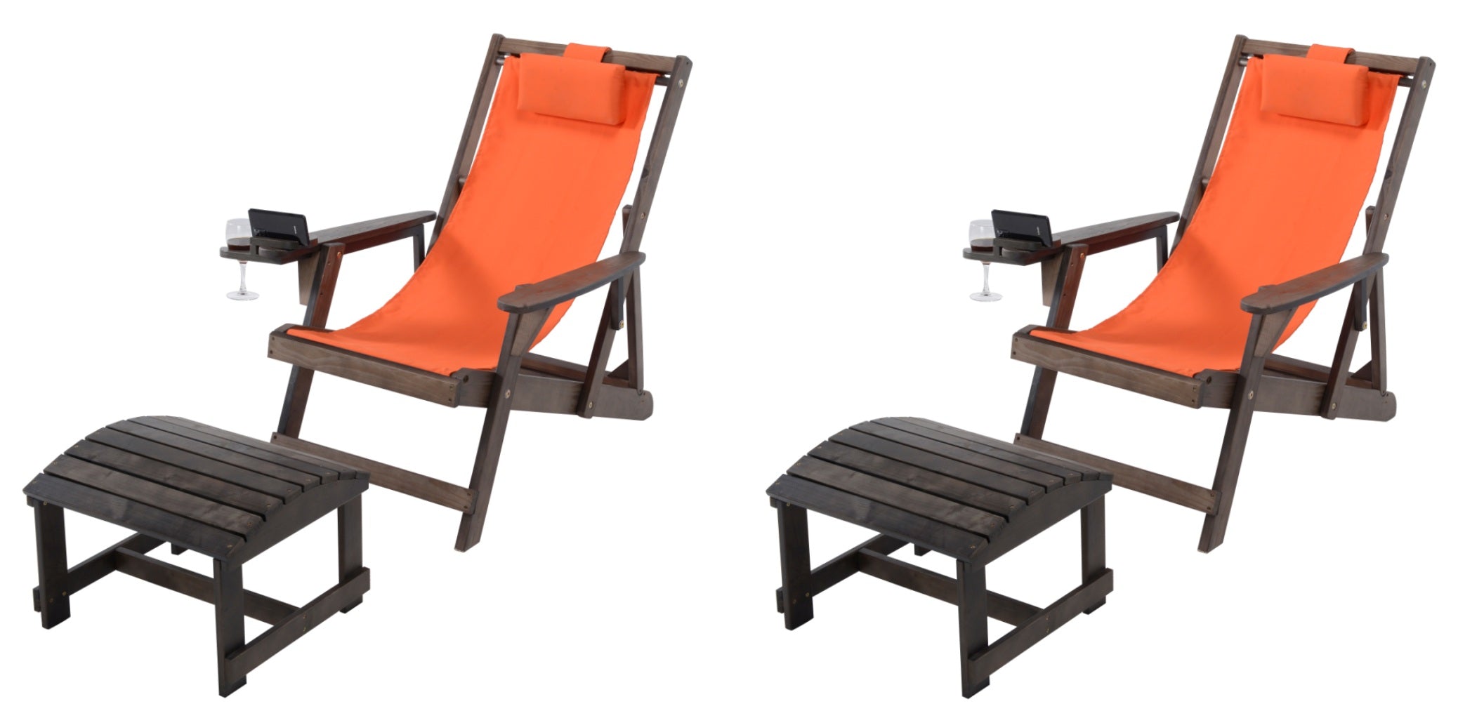 Canvas Sling Chair with Cup and Wine Holder and Ottoman (Set of 4)- Dark Brown and Orange