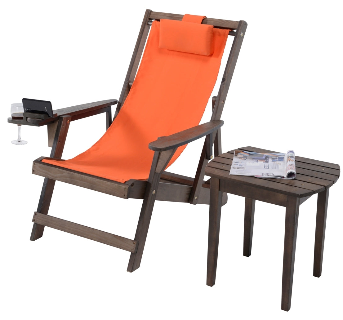 Canvas Sling Chair with Cup and Wine Holder and end table- Dark Brown and Orange