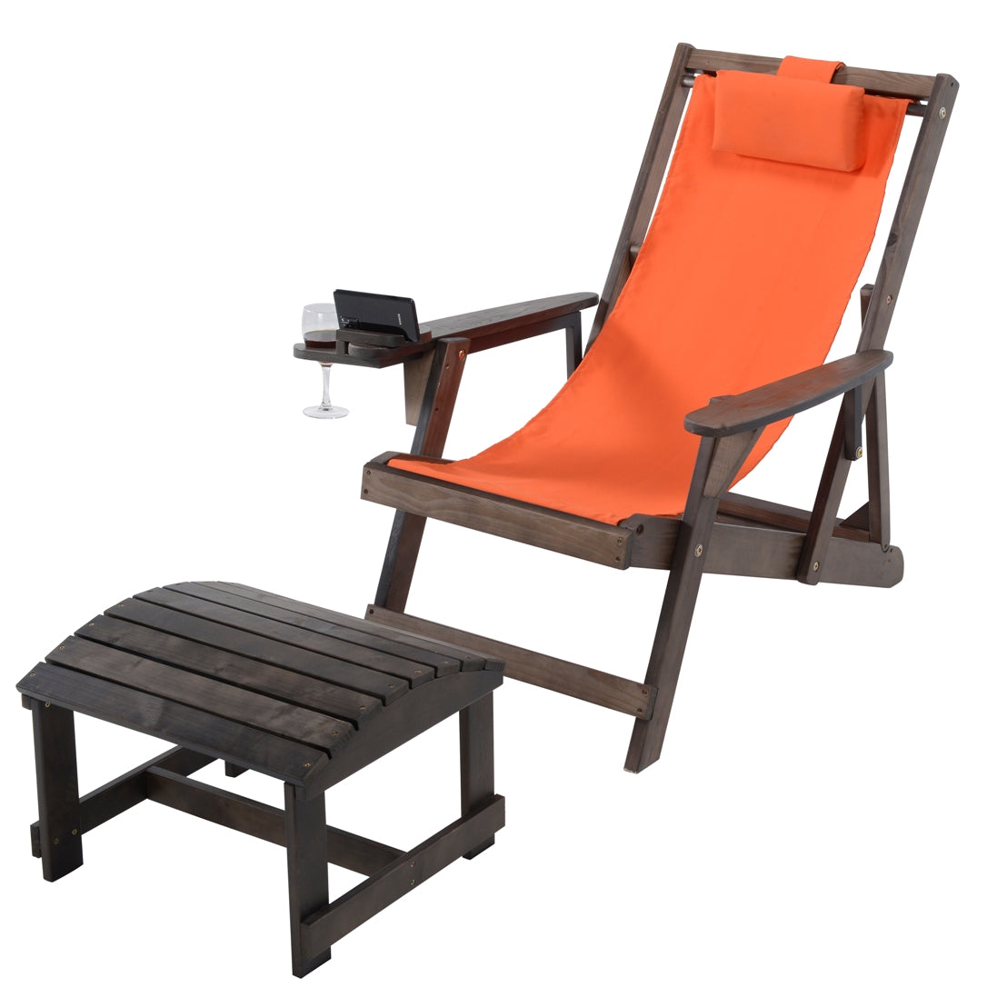 Canvas Sling Chair with Cup and Wine Holder and Ottoman- Dark Brown and Orange