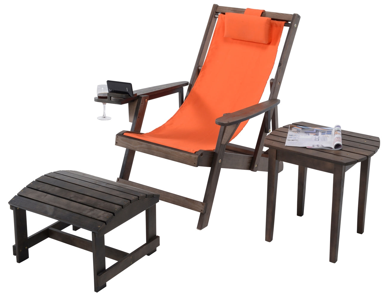Canvas Sling Chair with Cup and Wine Holder and Ottoman (Set of 3)- Dark Brown and Orange