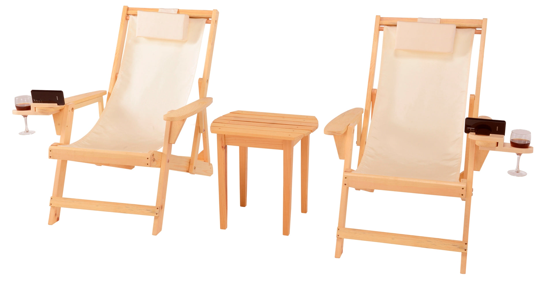 Canvas Sling Chairs with Cup and Wine Holder and end table- Natural -Beige Color