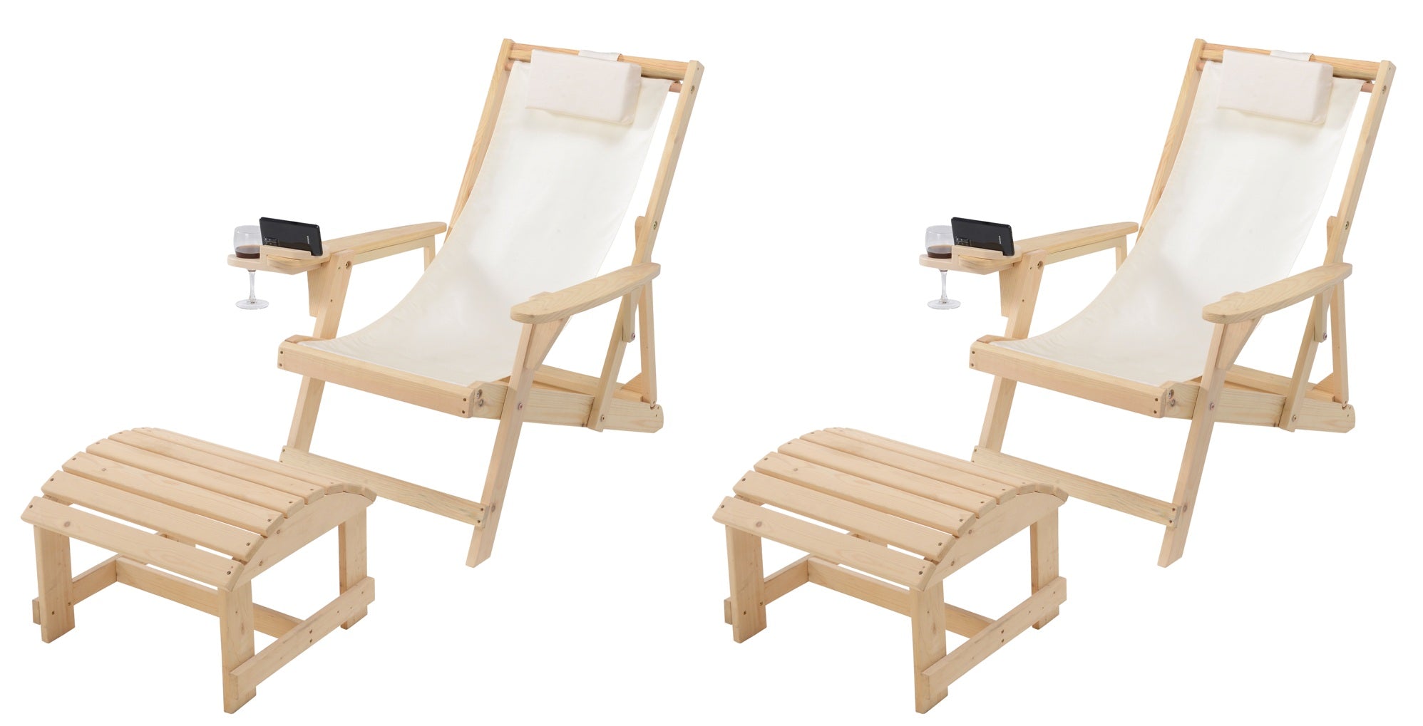 Canvas Sling Chair with Cup and Wine Holder and Ottoman (Set of 4)- Natural -Beige Color