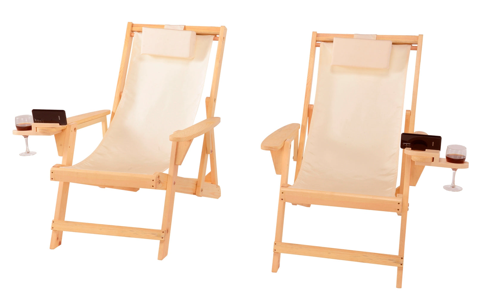 Canvas Sling Chair with Cup and Wine Holder (Set of 2)- Natural -Beige Color