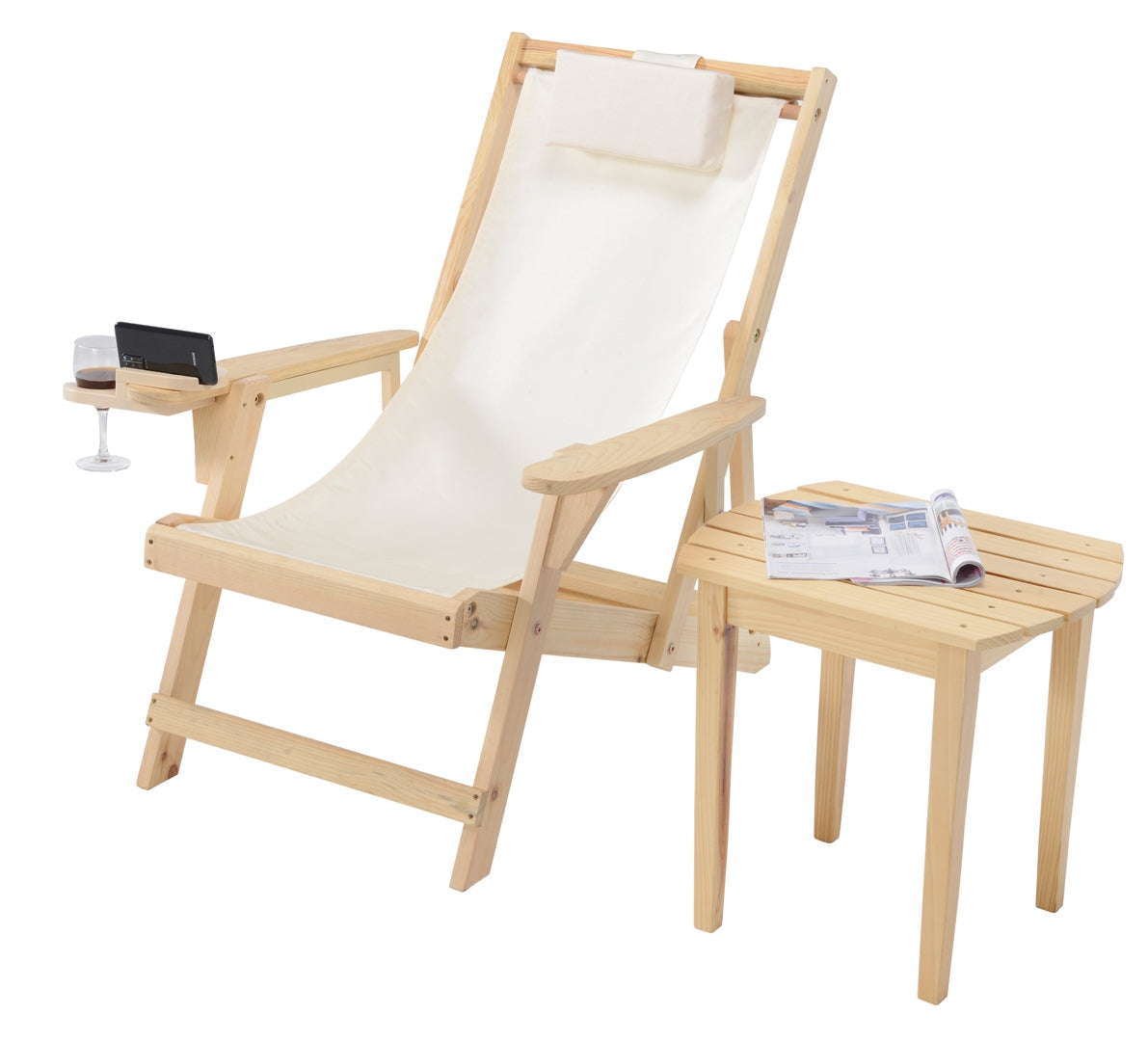 Canvas Sling Chair with Cup and Wine Holder and end table- Natural -Beige Color