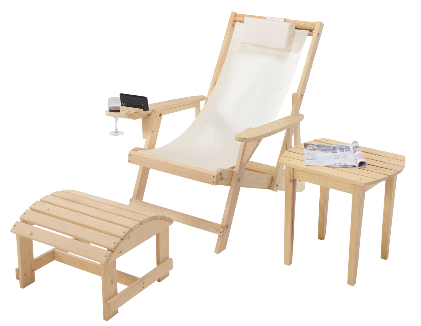 Canvas Sling Chair with Cup and Wine Holder and Ottoman (Set of 3)- Natural -Beige Color