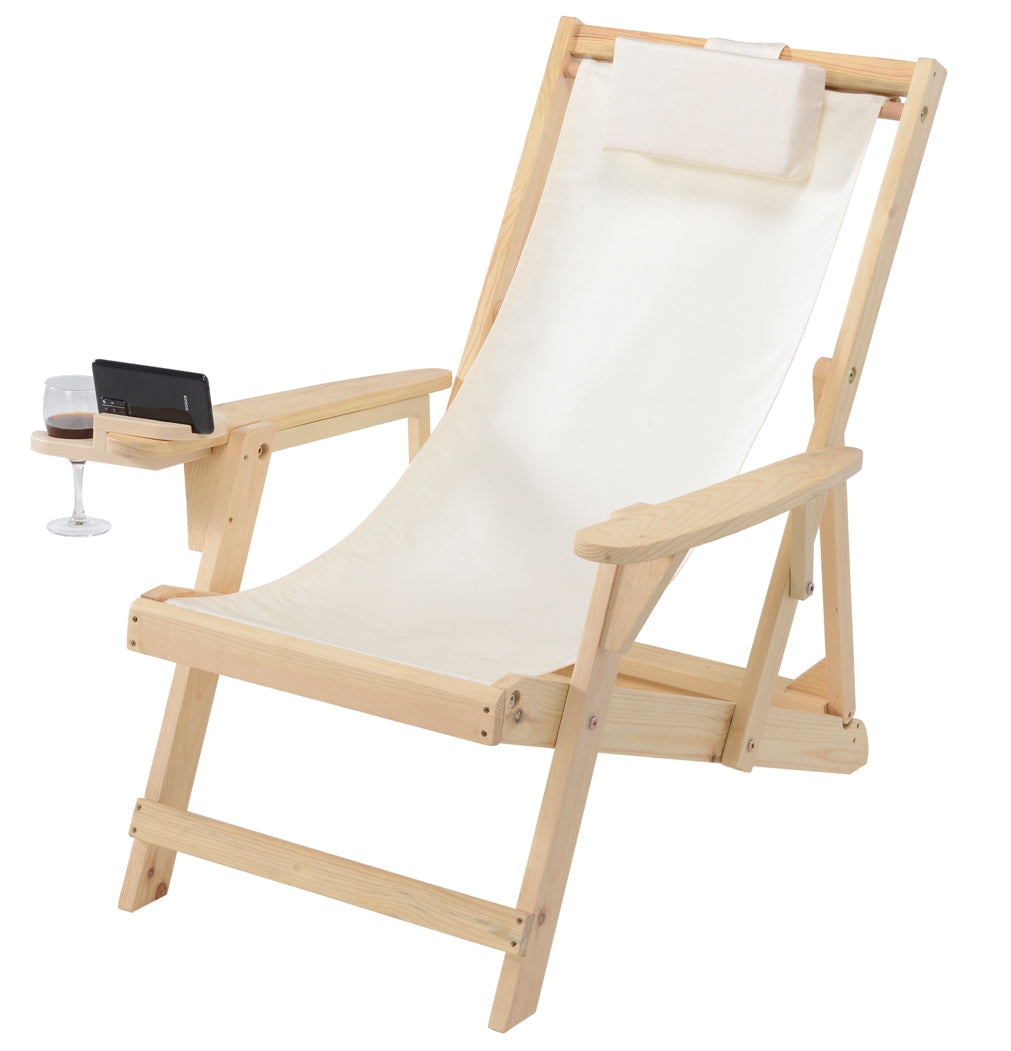 Canvas Sling Chair with Cup and Wine Holder- Natural -Beige Color