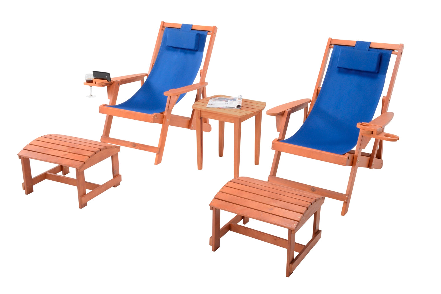 Canvas Sling Chair with Cup and Wine Holder and Ottoman (Set of 5)- Walnut