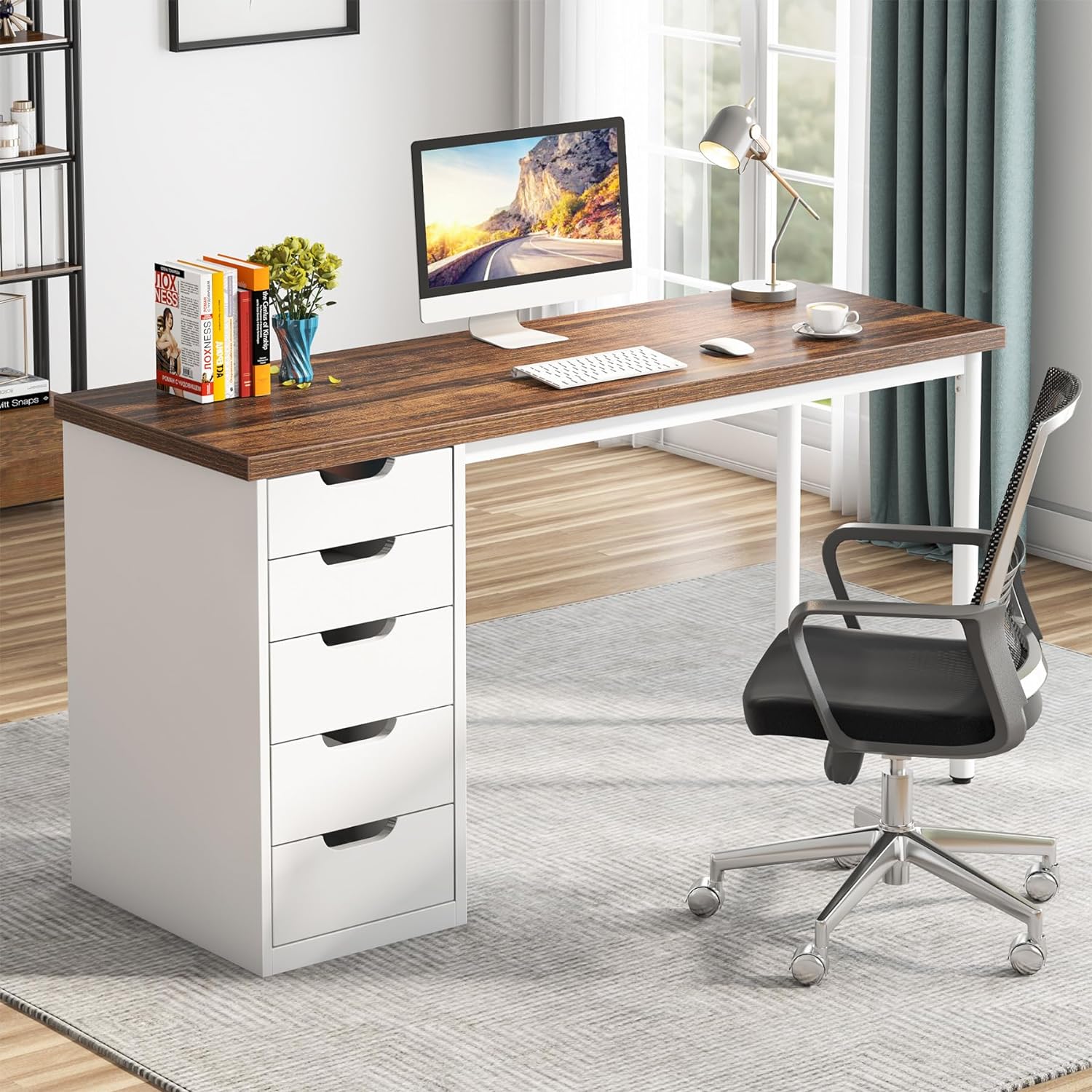 Computer Desk with 5 Drawers, 47 inches Rustic Brown Home Office Desk with Storage (Reversible Drawer Cabinet)