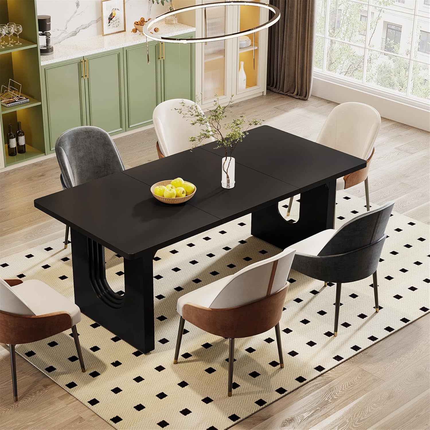 71" Modern Black Dining Table for 6-8 People, Large Rectangular Kitchen Table with Wood Pedestal Base, Contemporary Long Dinner Table for Dining Room, Living Room, Office or Restaurant