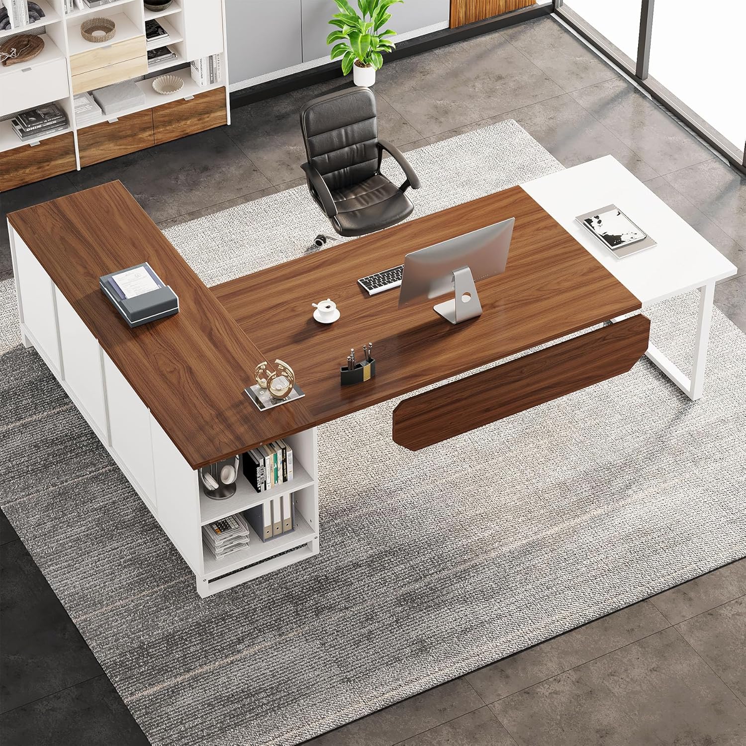 70.8-Inch Executive Desk with 55-Inch File Cabinet, Large L Shaped Computer Desk with Storage Cabinet and Shelves, Modern L-Shaped Desk for Home Office, Walnut & White