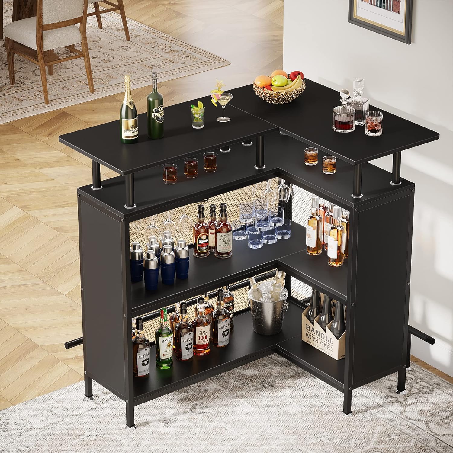 36" x 48" L-Shaped Home Bar Unit with Footrest  Modern Corner Liquor Cabinet with 2-Tier Shelves & Glass Racks, Industrial Black Mini Bar Table for Home, Kitchen, or Pub