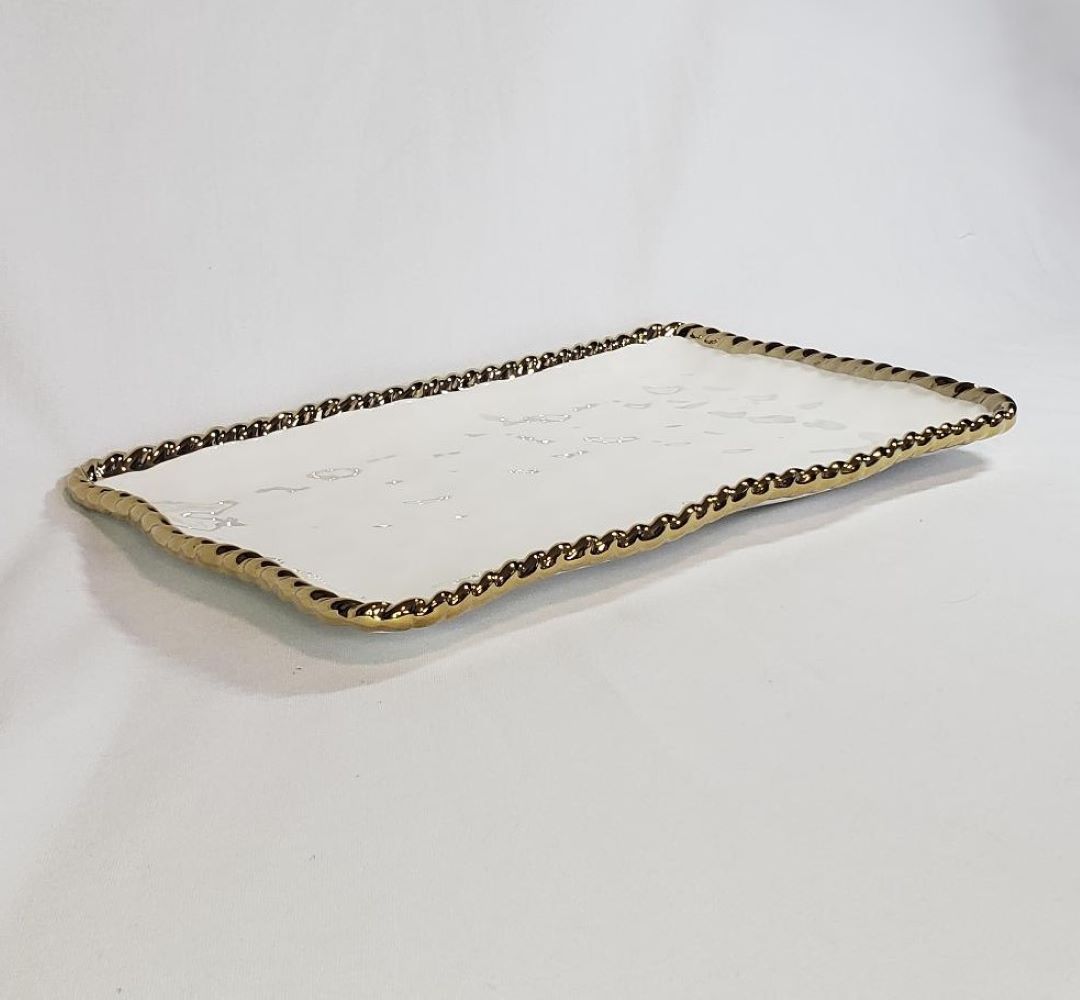 Simplicity Collection Ceramic White plate with Gold Accent Rope Rim