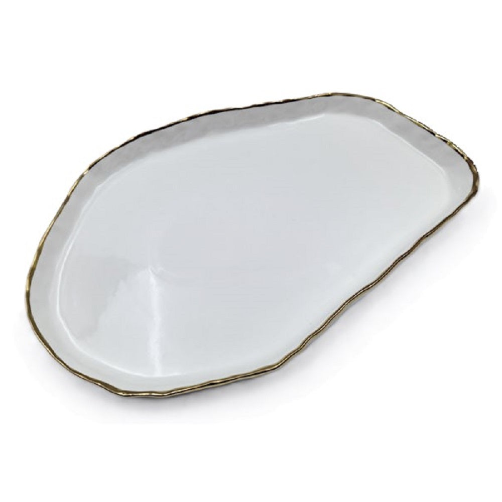12" Simplicity Collection White Porcelain Gold Trim Freestyle Oval Shape Tray