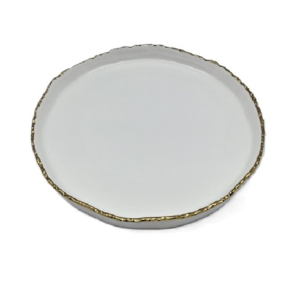 9.5" Simplicity Collection White Porcelain Gold Trim Raised Rim Round Shape Dessert Plate