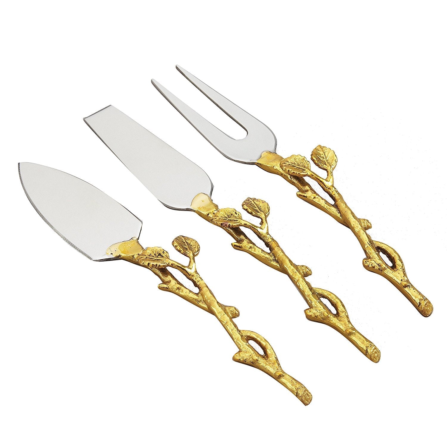 Gilt leaf 3-pc cheese set (Gold Finish Leaf/Hammered Steel)