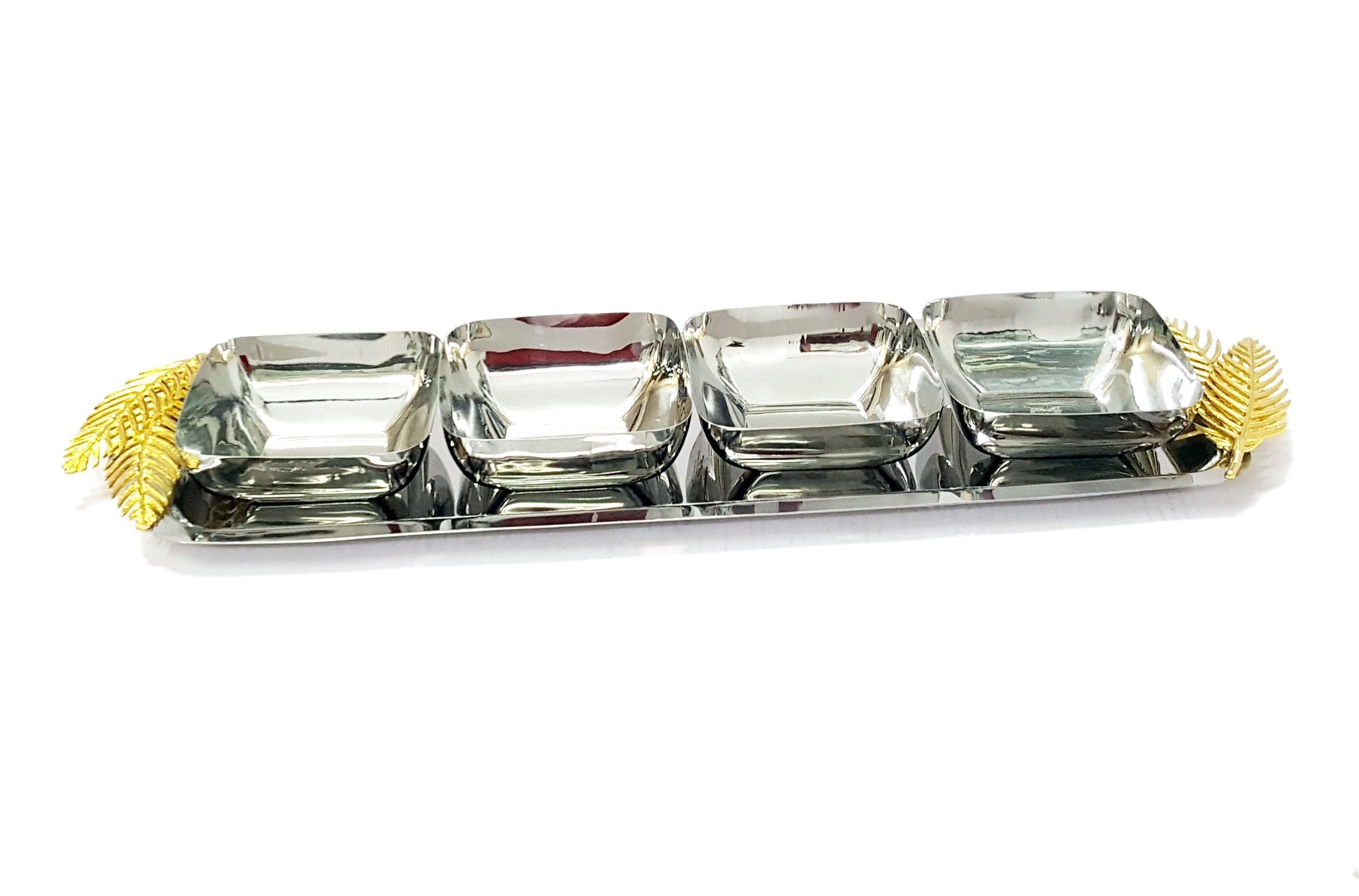 Rect tray with 4 bowls w.gold fern: each bowl 5" D