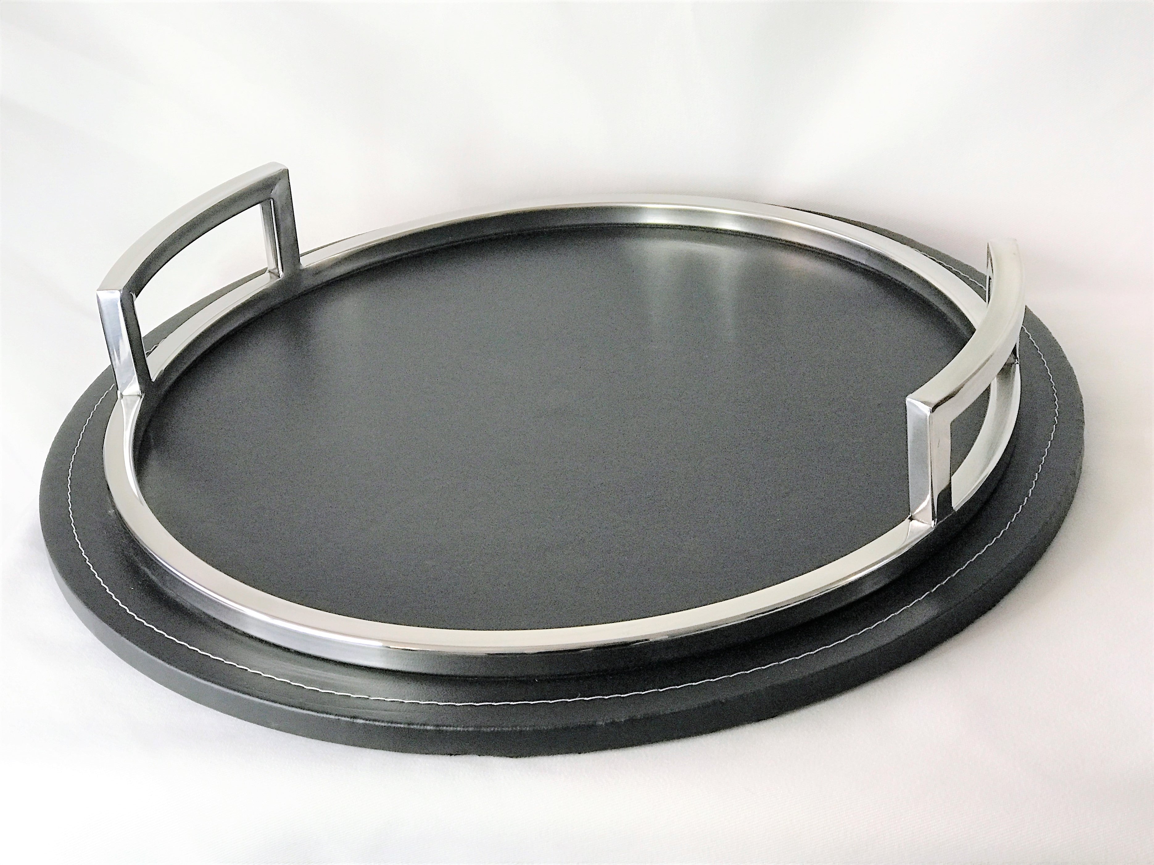 Round tray with leather bottom 16.5" dia.