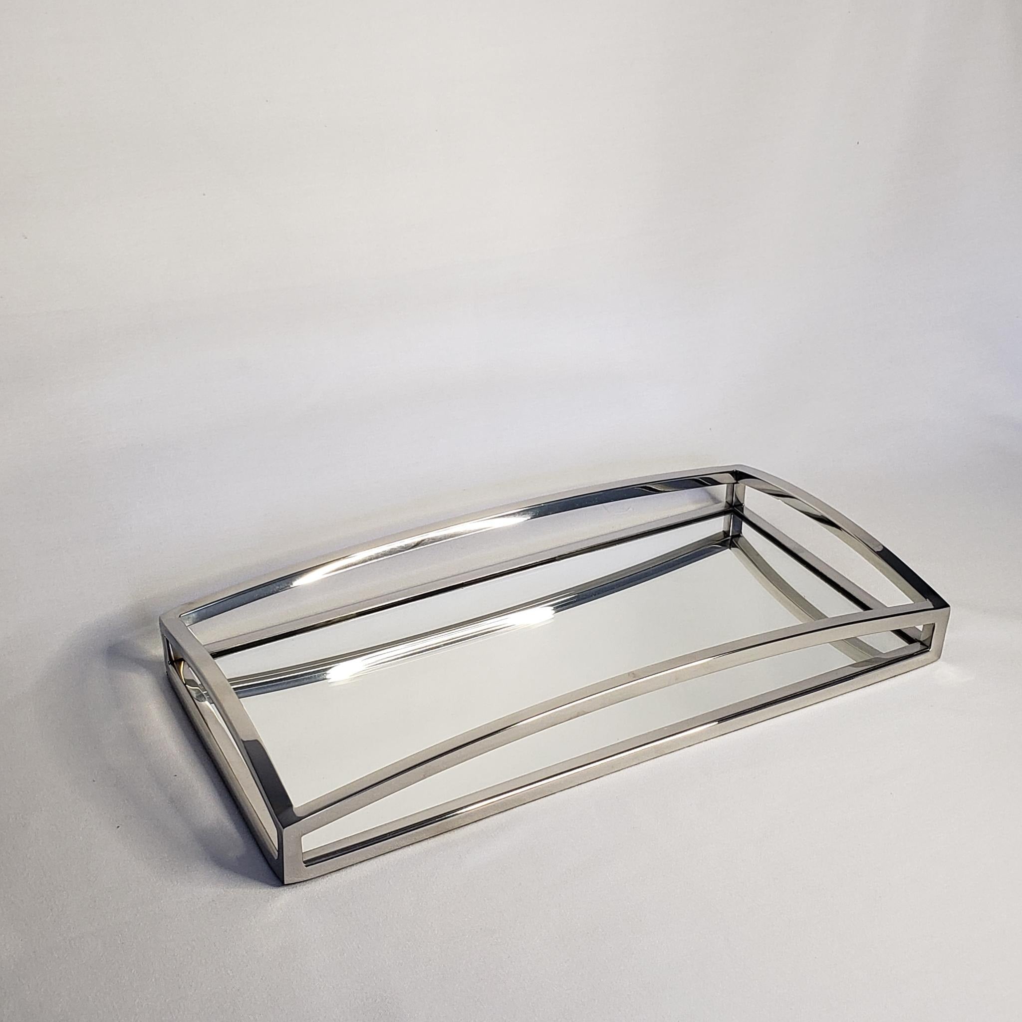 Silver Metallic Rectangular vanity tray with mirror 15.75 x 8"
