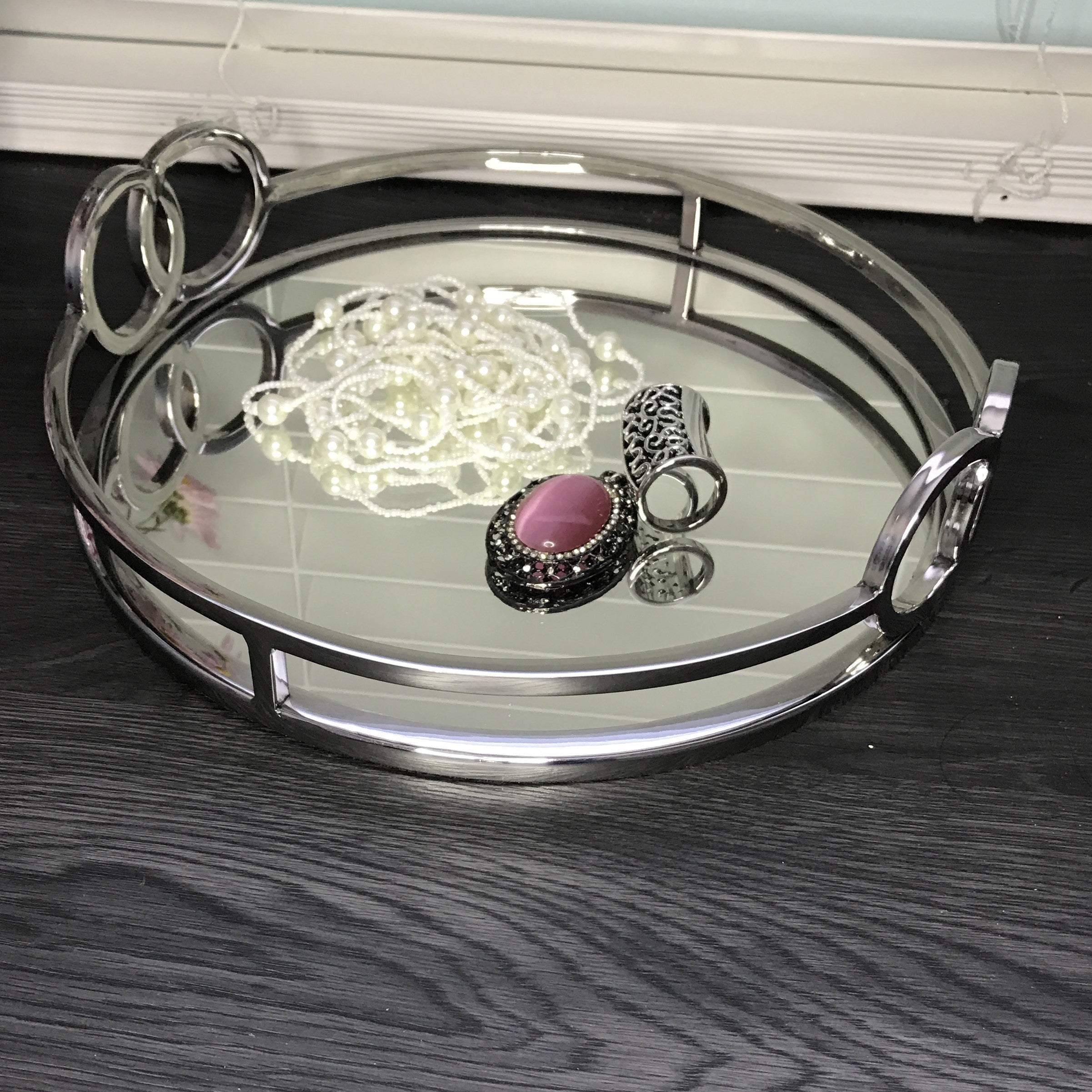Luxury Silver Stainless Steel Round vanity tray with mirror 11"