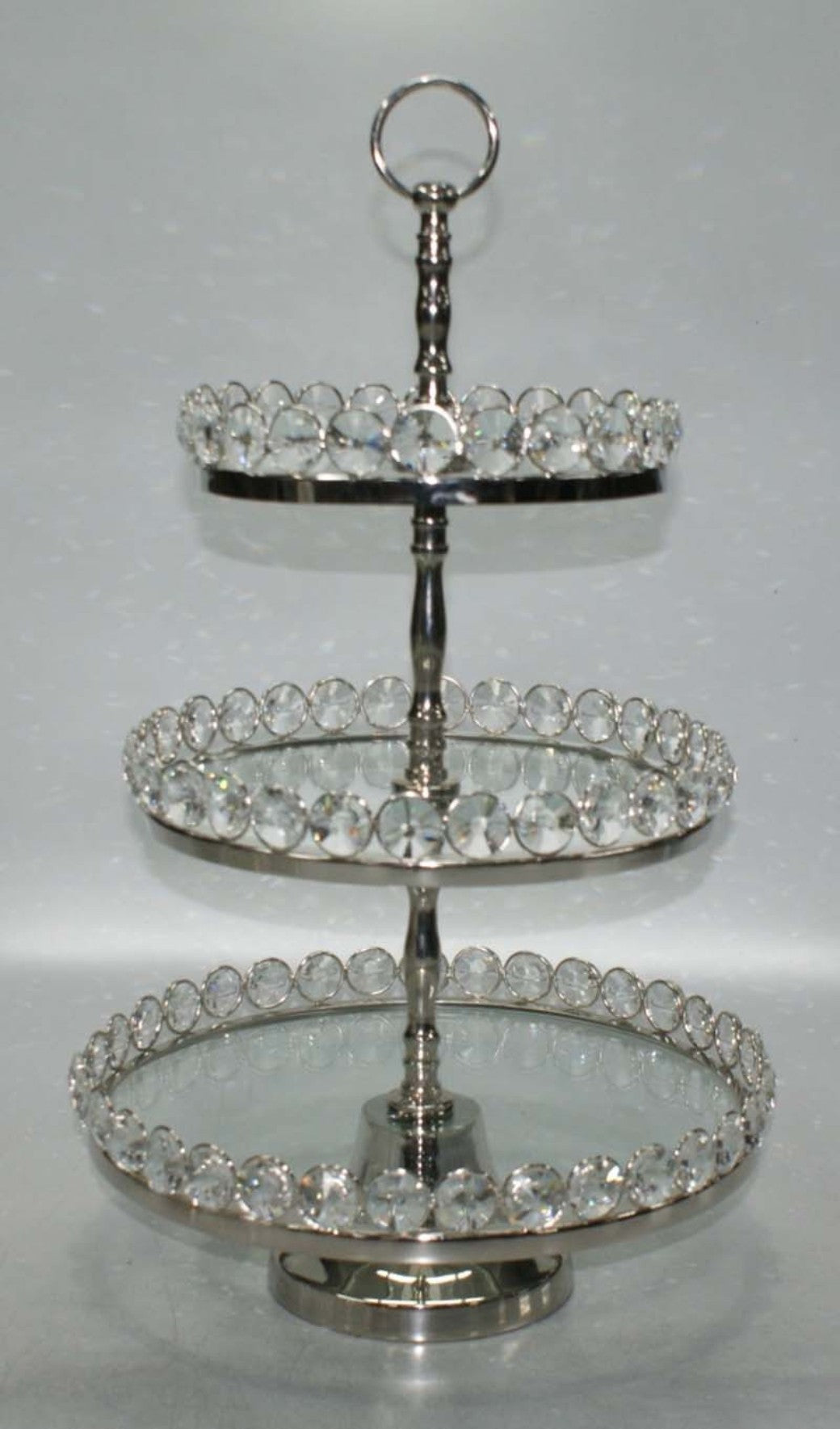 3 Tier Glass/Nickel Plated Stand Detachable Crystal Border H:20" (Plates 8/10/12")