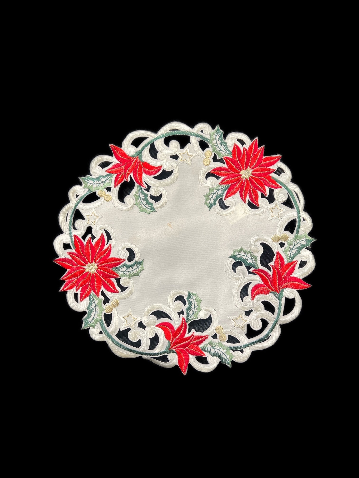 Christmas Poinsettia Embroidered Cutwork Round Placemat, 12-Inch diameter