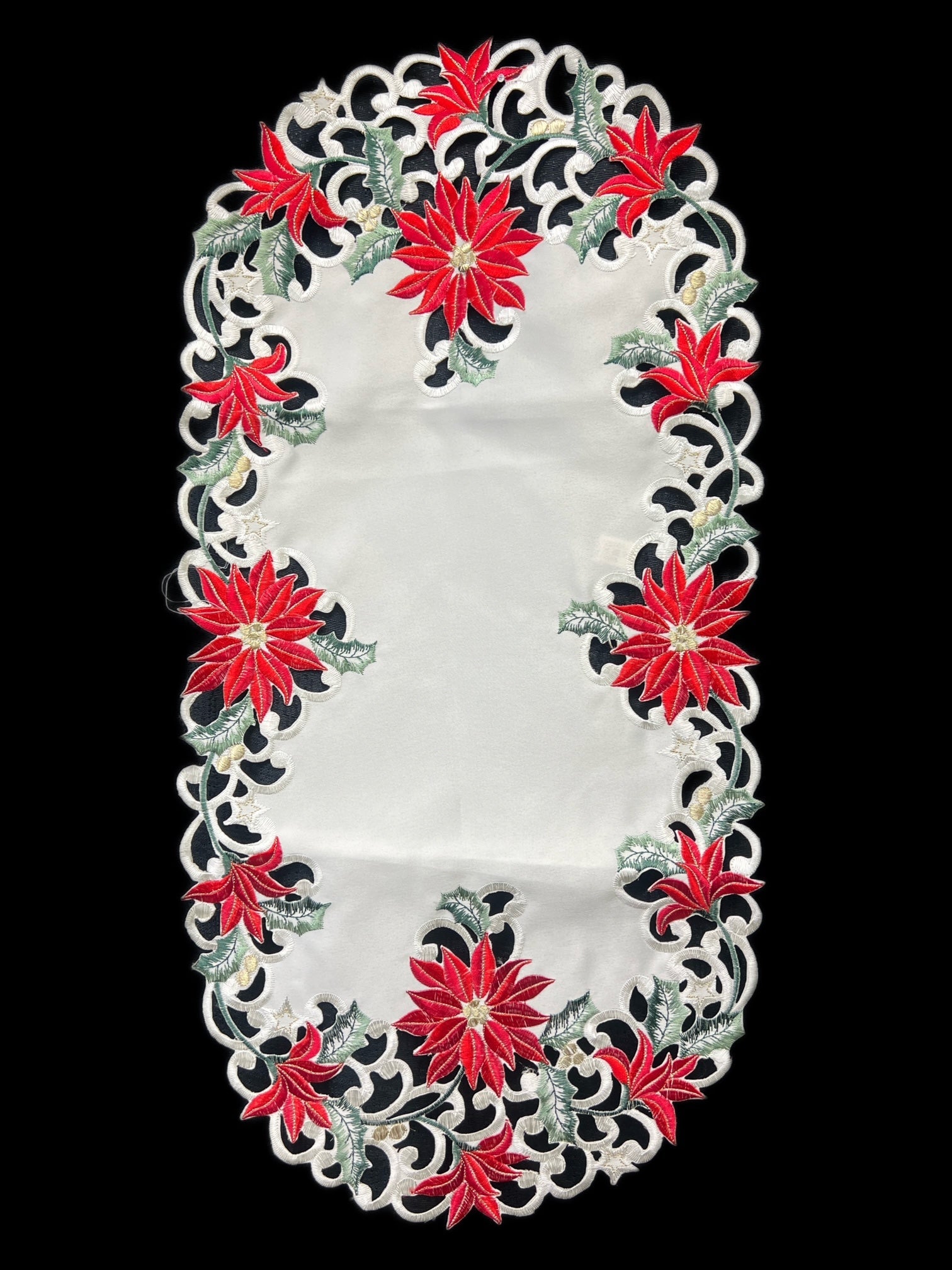 Christmas Poinsettia Embroidered Cutwork Rectangular Table Runner, 15 by 70  inch