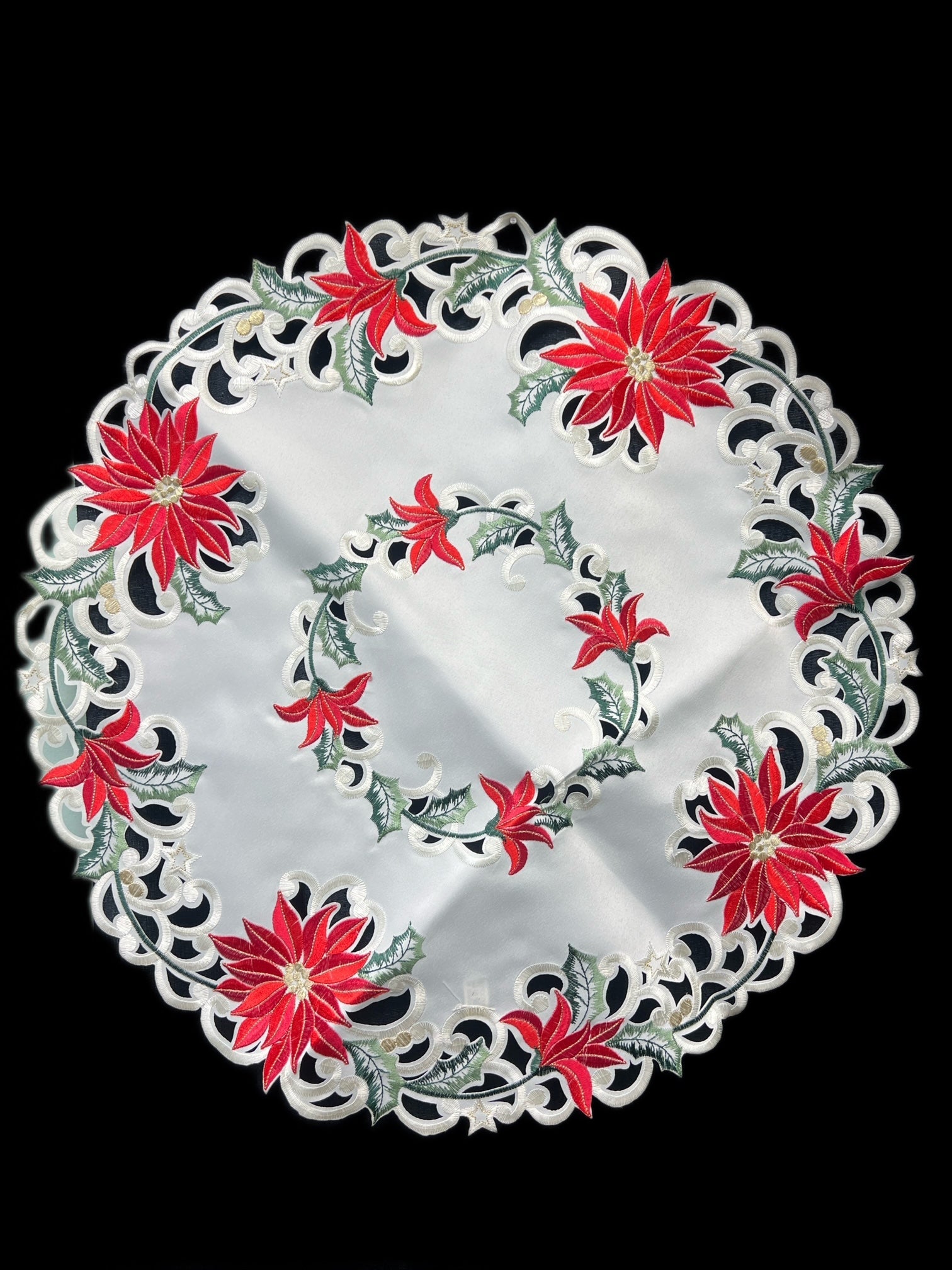Christmas Poinsettia Embroidered Cutwork Round Placemat, 23-Inch diameter
