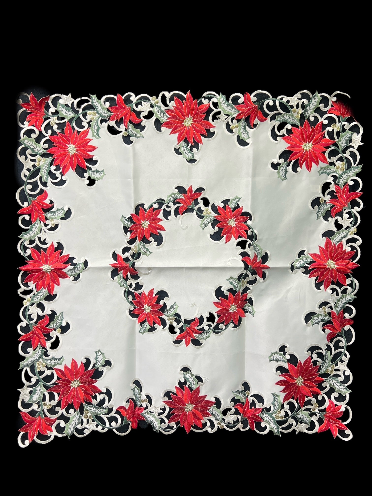 Christmas Poinsettia Embroidered Cutwork Square Tablecloth, 44  inch square