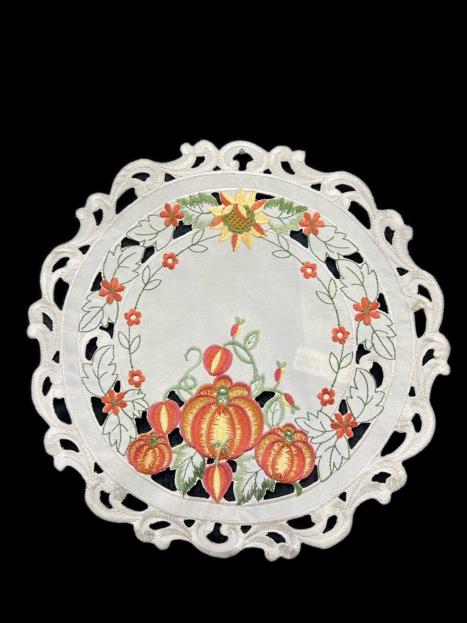Pumpkin Embroidered Cutwork Round Placemat, 12-Inch diameter