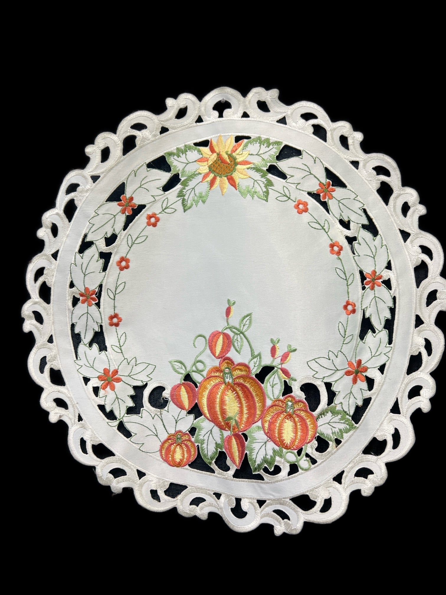 Pumpkin Embroidered Cutwork Round Placemat, 15-Inch diameter