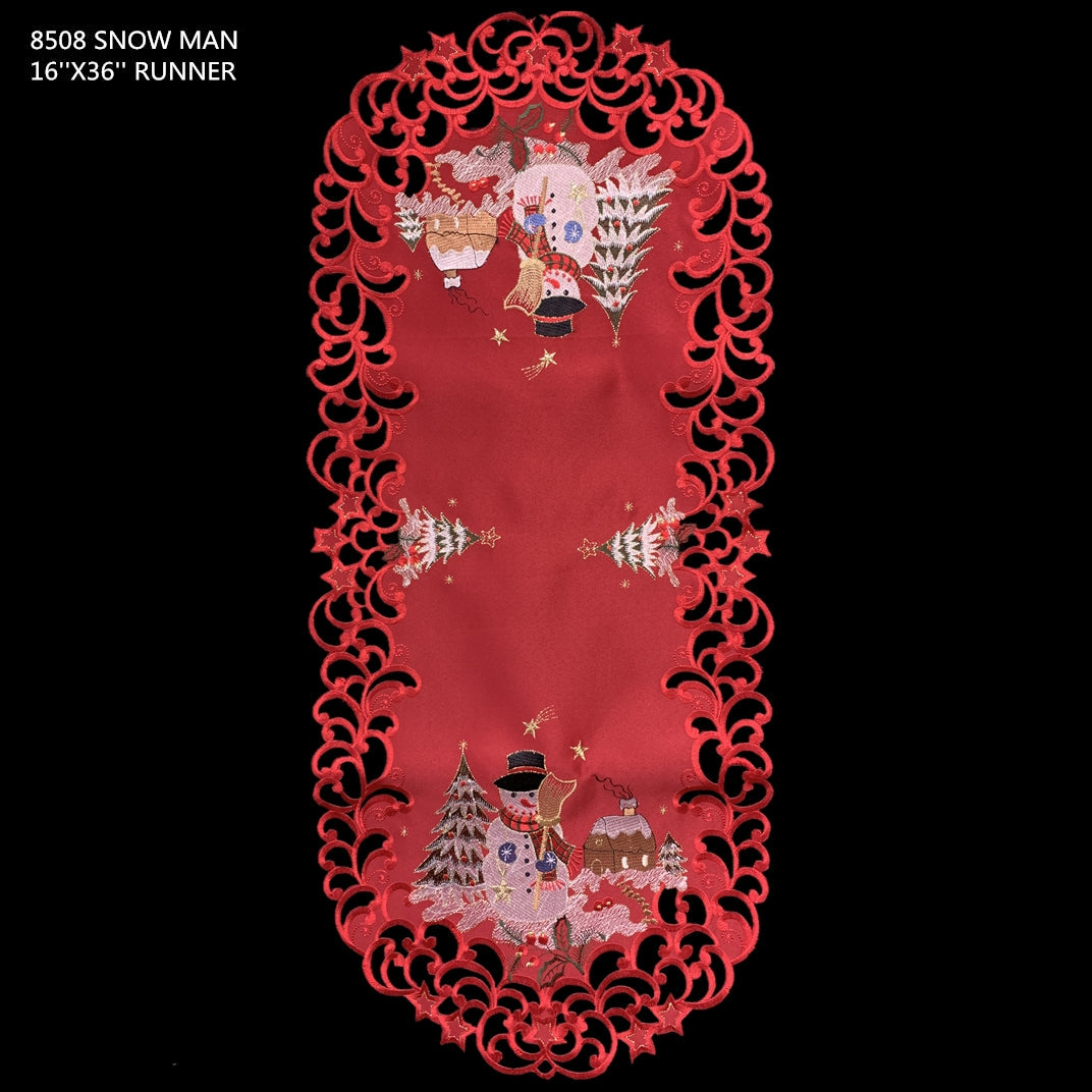 Snow Man Embroidered Cutwork Rectangular Table Runner, 13 by 27 inch