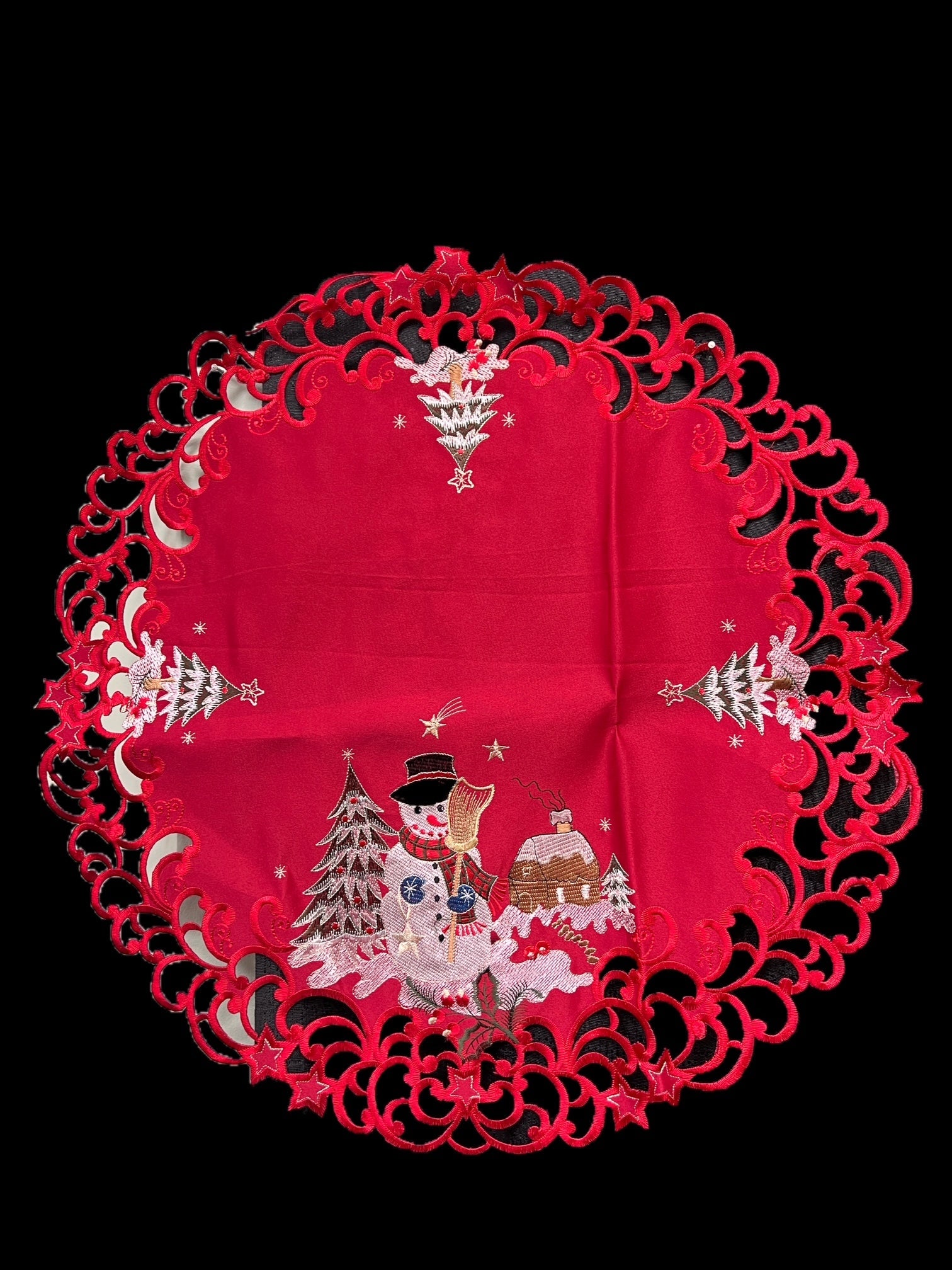 Snow Man Embroidered Cutwork Round Placemat, 23-Inch diameter