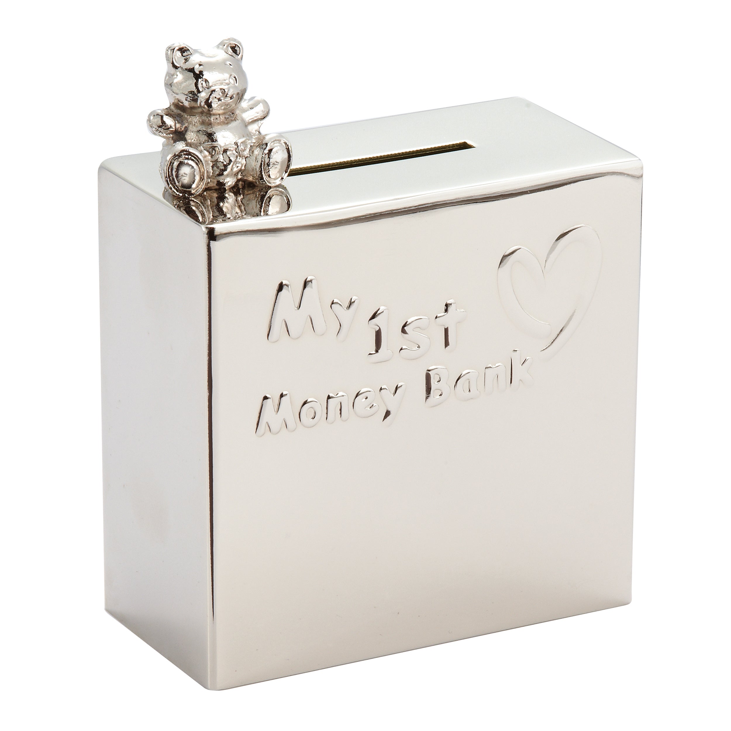 Nickel Plated Square My 1st Money Bank with Bear