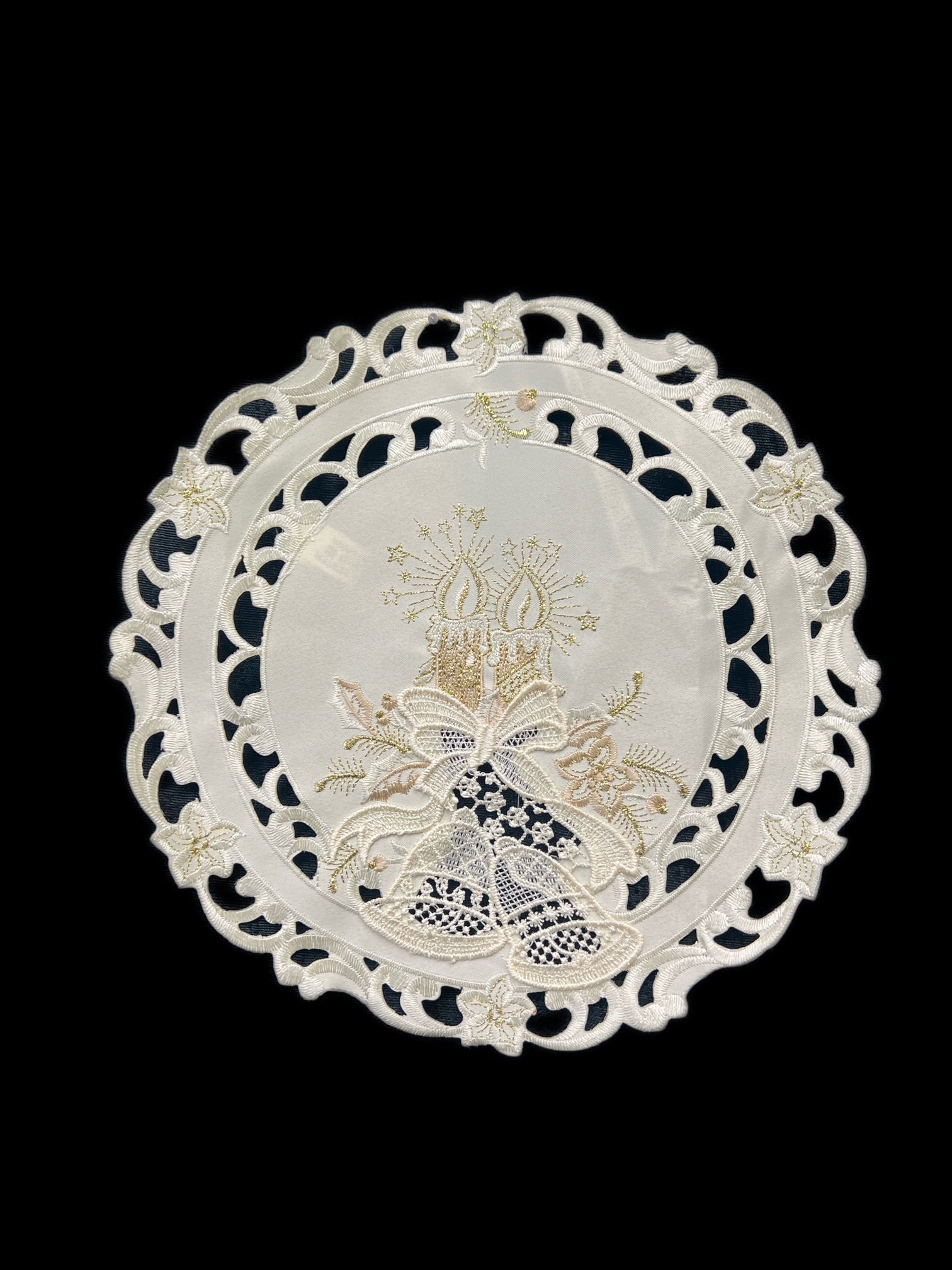 Christmas Candle Beige Lace Embroidered Cutwork Round Placemat, 12-Inch diameter