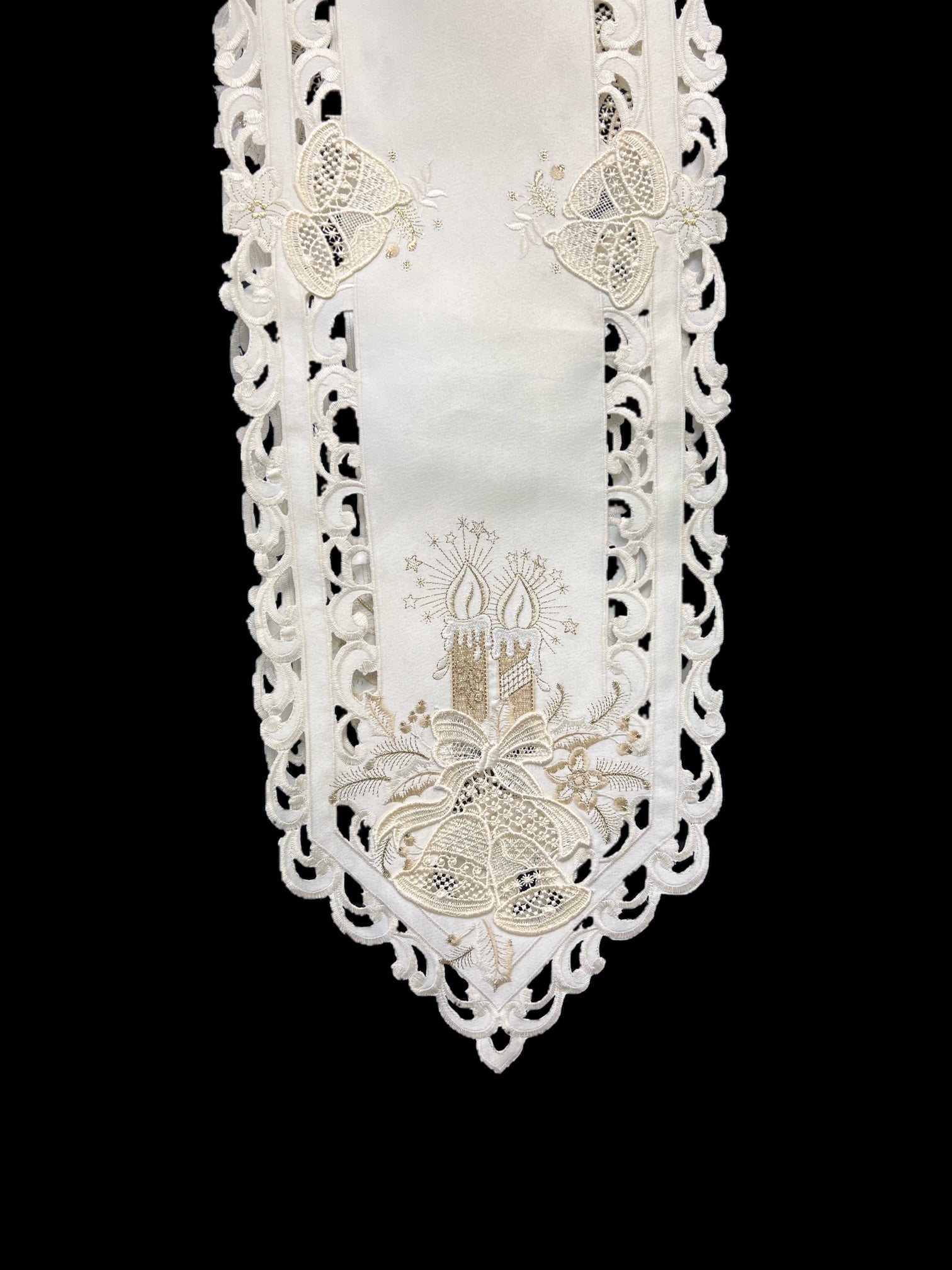 Christmas Candle Beige Lace Embroidered Cutwork Rectangular Table Runner, 11 by 64 inch