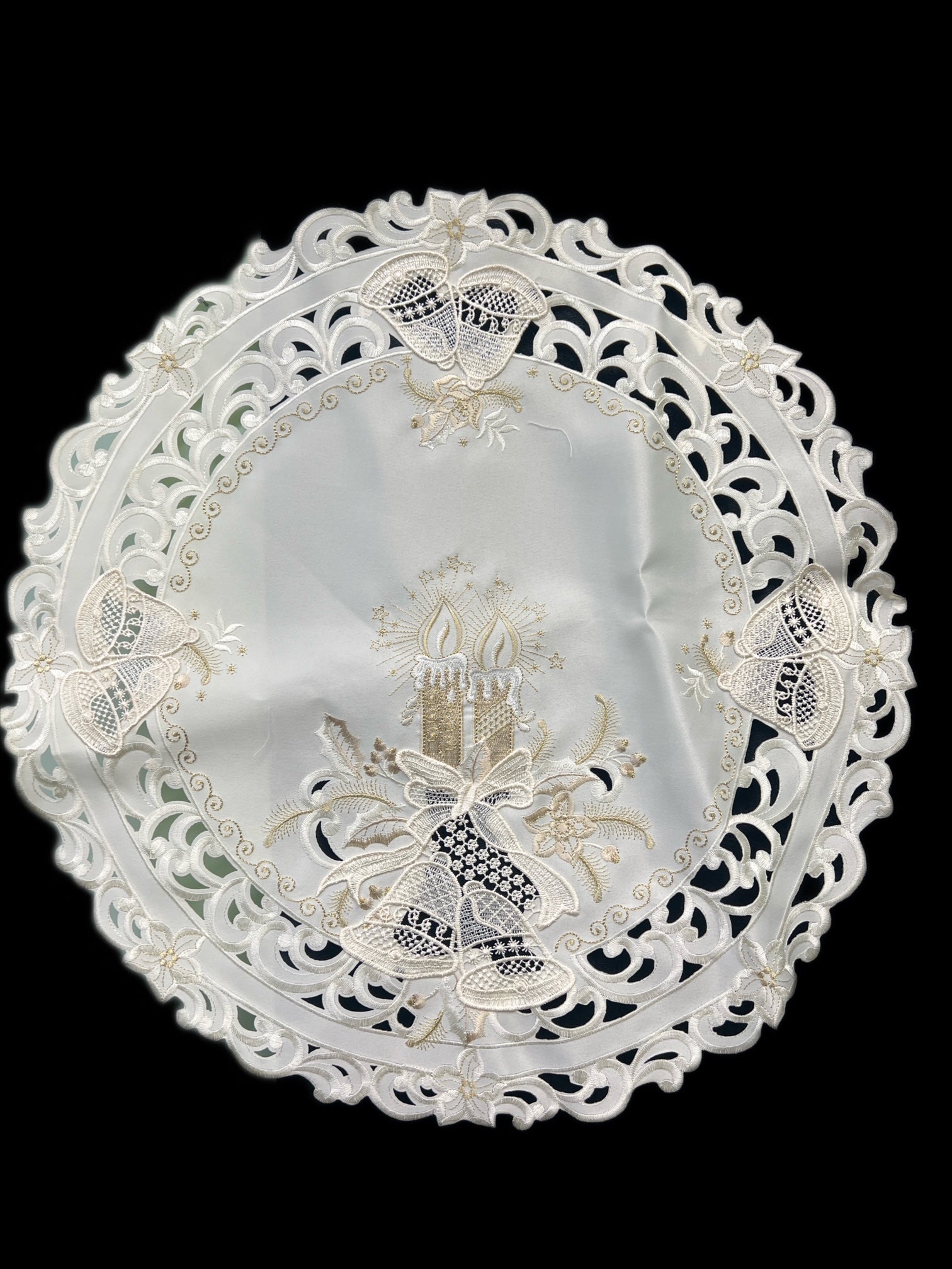 Christmas Candle Beige Lace Embroidered Cutwork Round Placemat, 23-Inch diameter