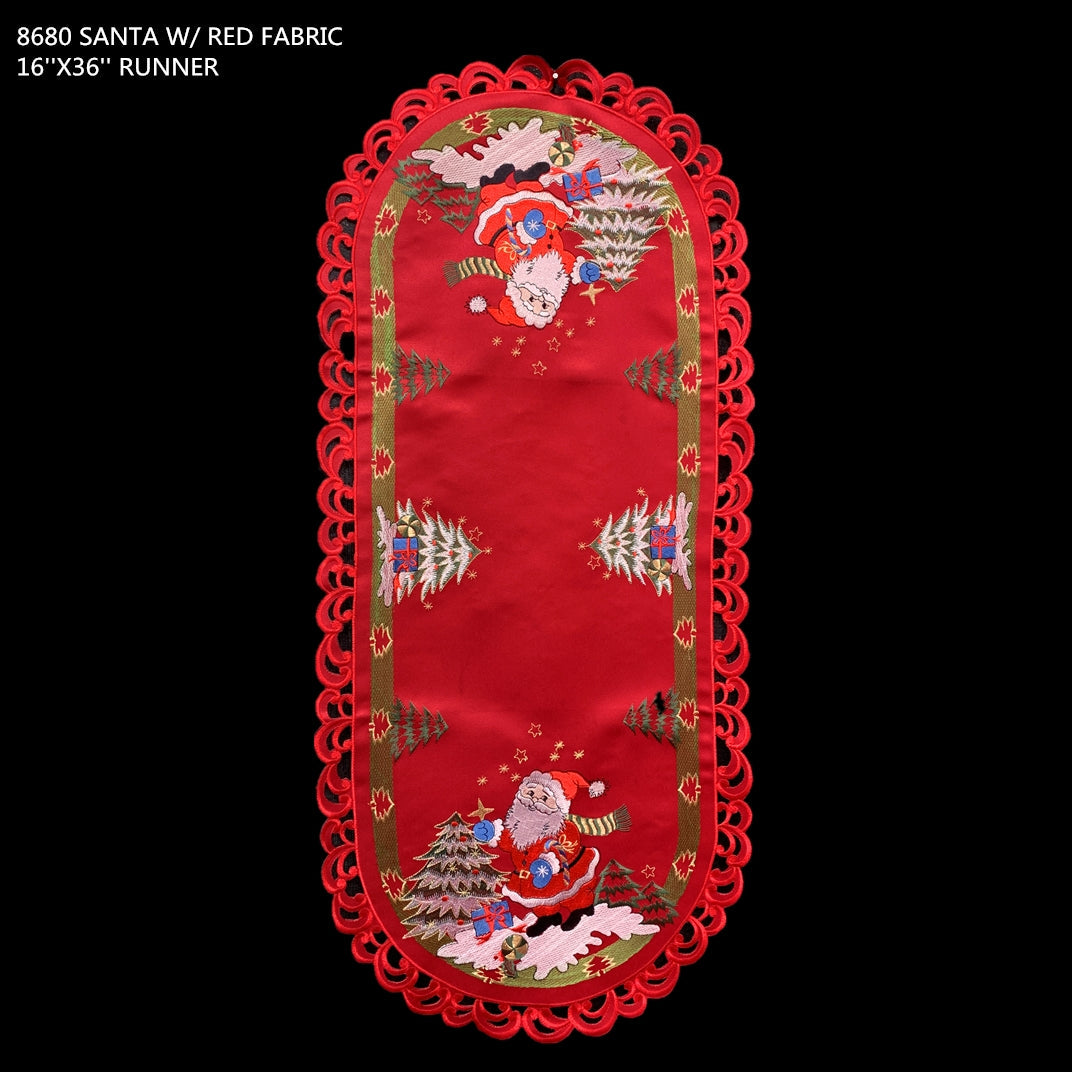 Santa Red Embroidered Cutwork Rectangular Table Runner, 15 by 43 inch