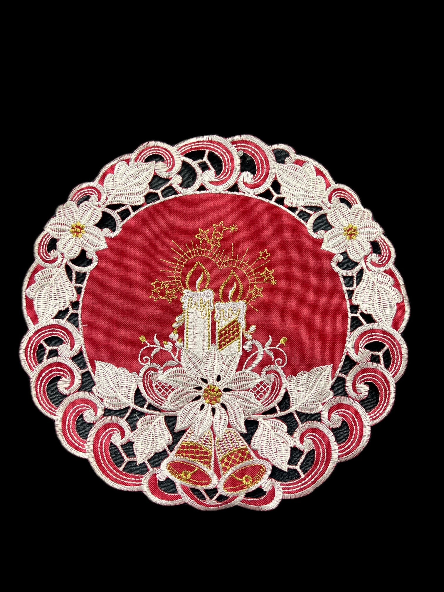 Poinsettia Embroidered Cutwork Round Placemat, 12-Inch diameter