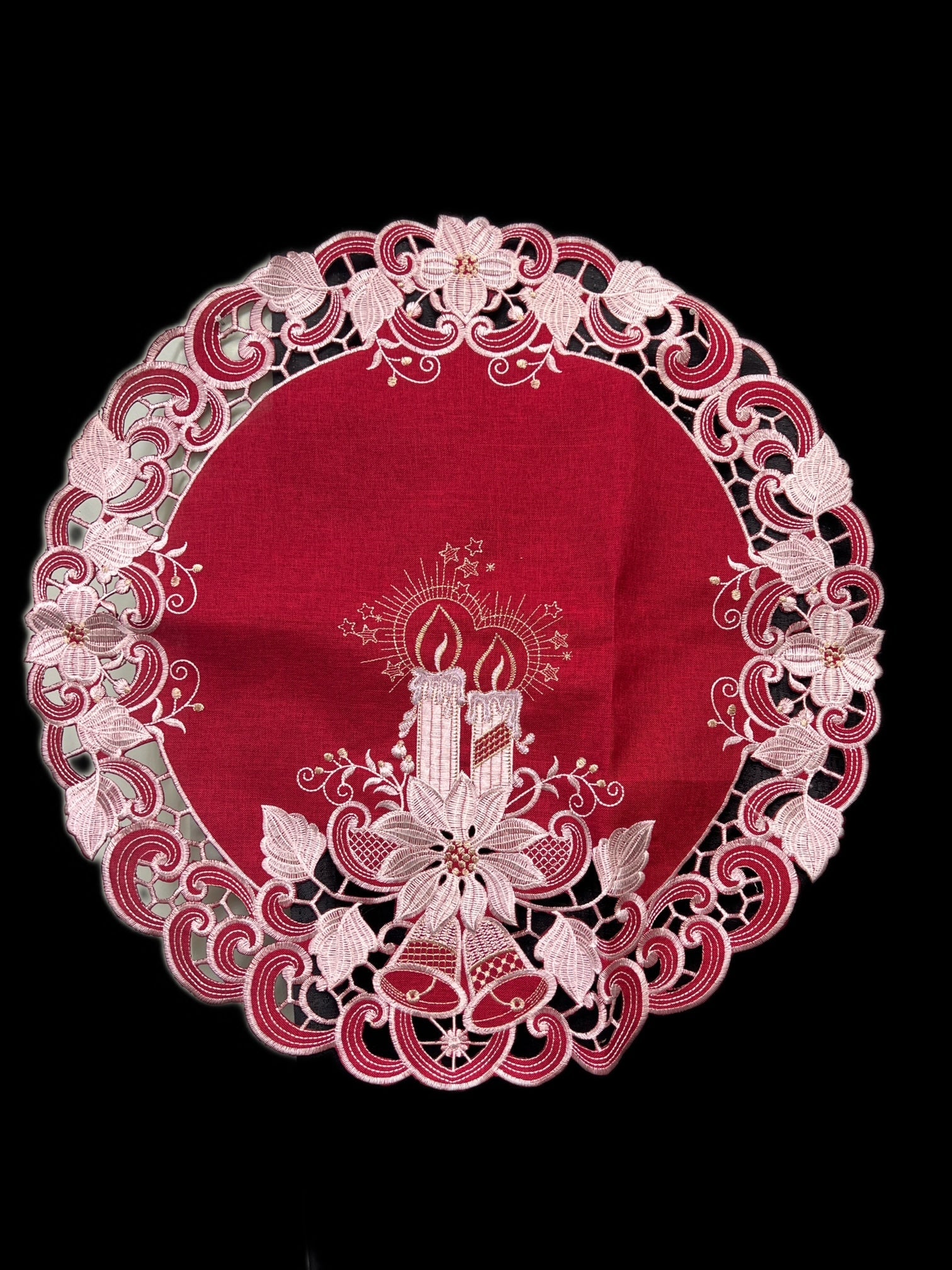 Poinsettia Embroidered Cutwork Round Placemat, 23-Inch diameter