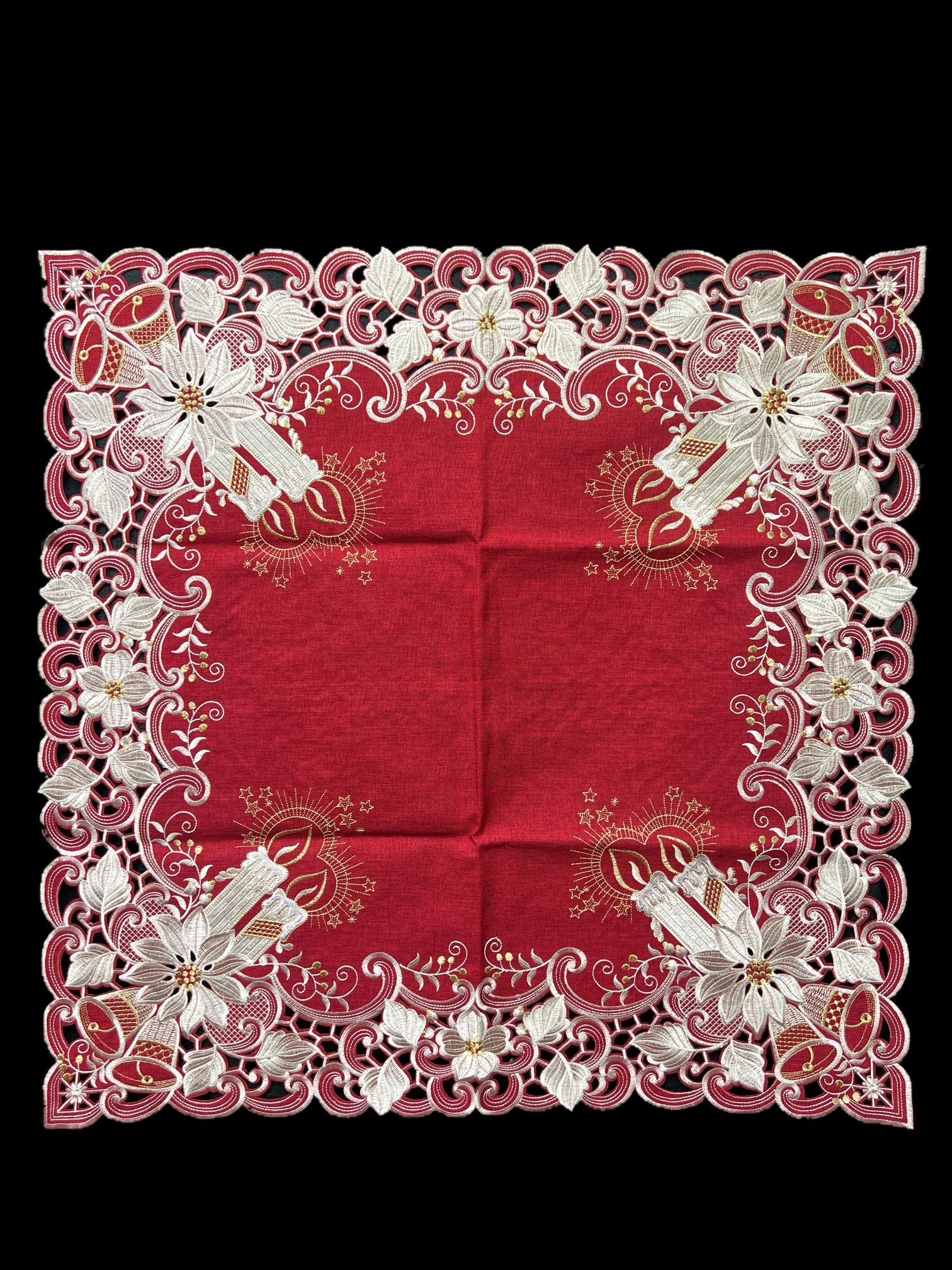 Poinsettia Embroidered Cutwork Square Tablecloth, 44  inch square