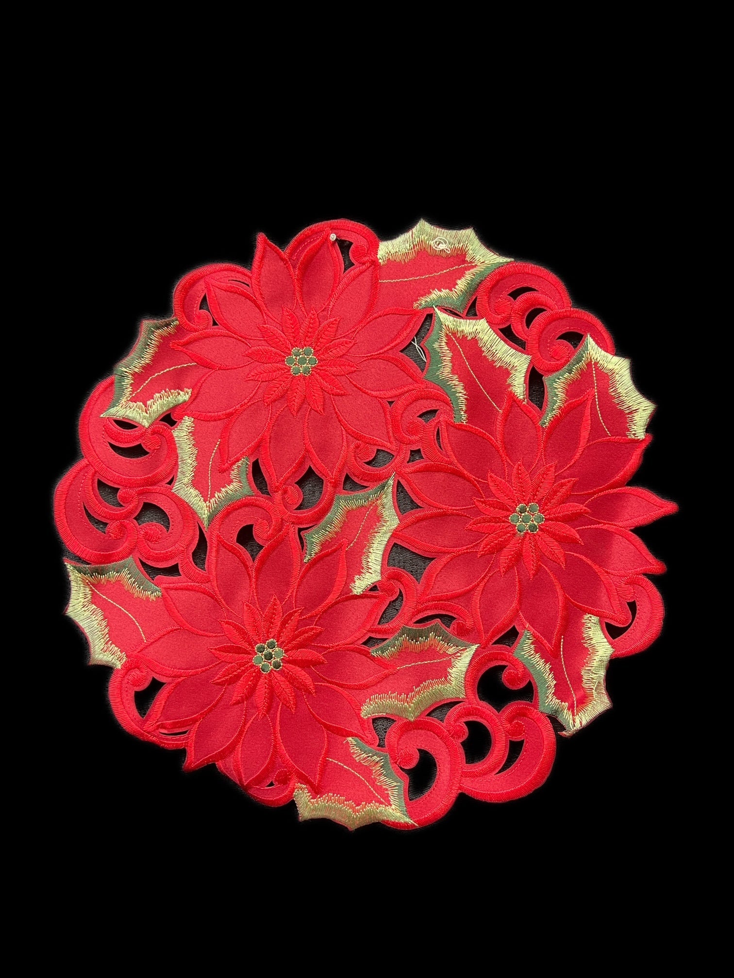 Poinsettia and Green Leaf Embroidered Cutwork Round Placemat, 12-Inch diameter