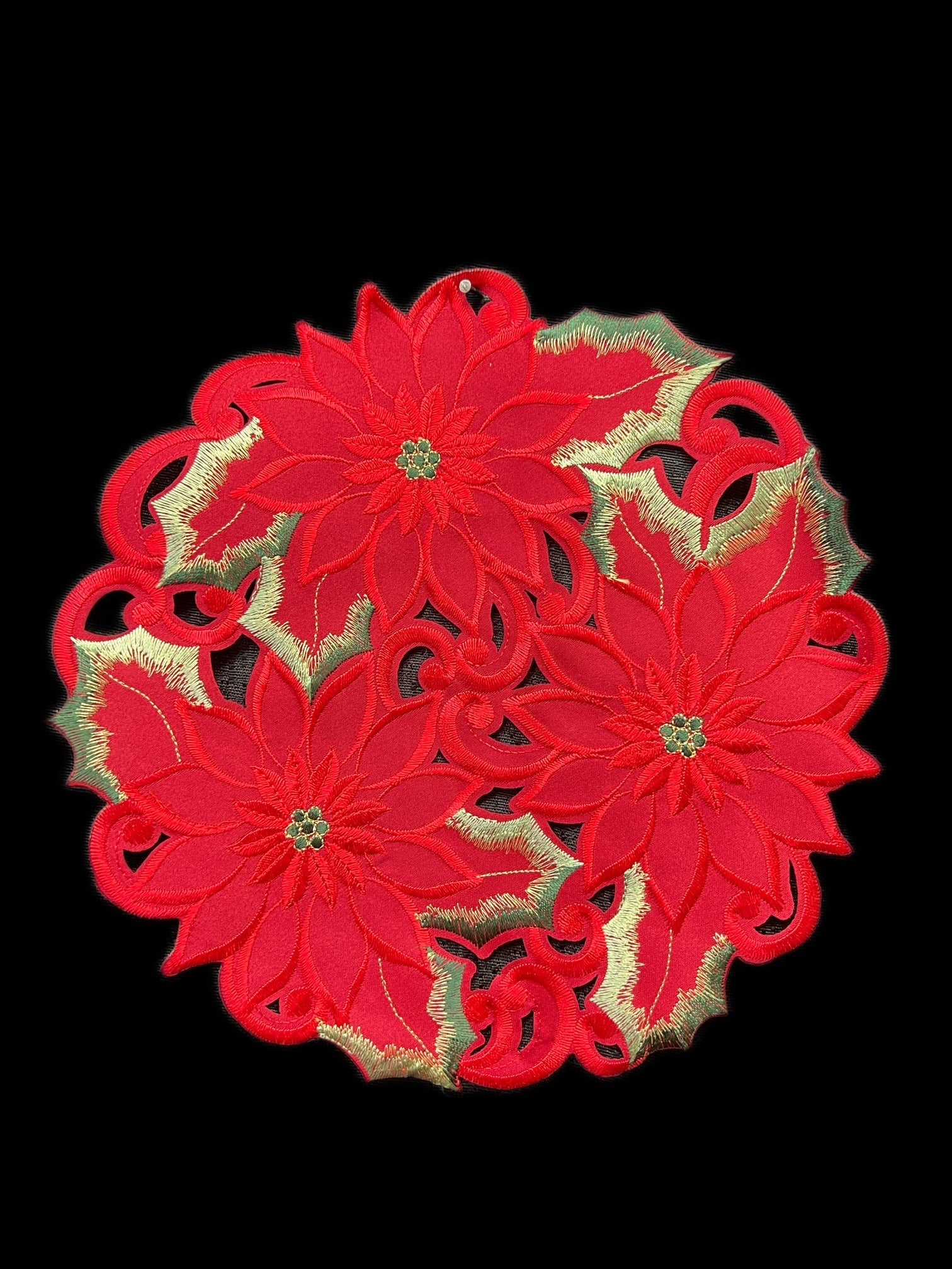 Poinsettia and Green Leaf Embroidered Cutwork Round Placemat, 15-Inch diameter