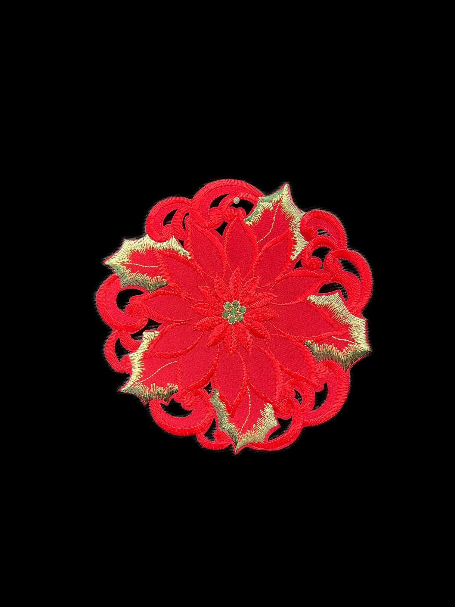 Poinsettia and Green Leaf Embroidered Cutwork Round Placemat, 8-Inch diameter